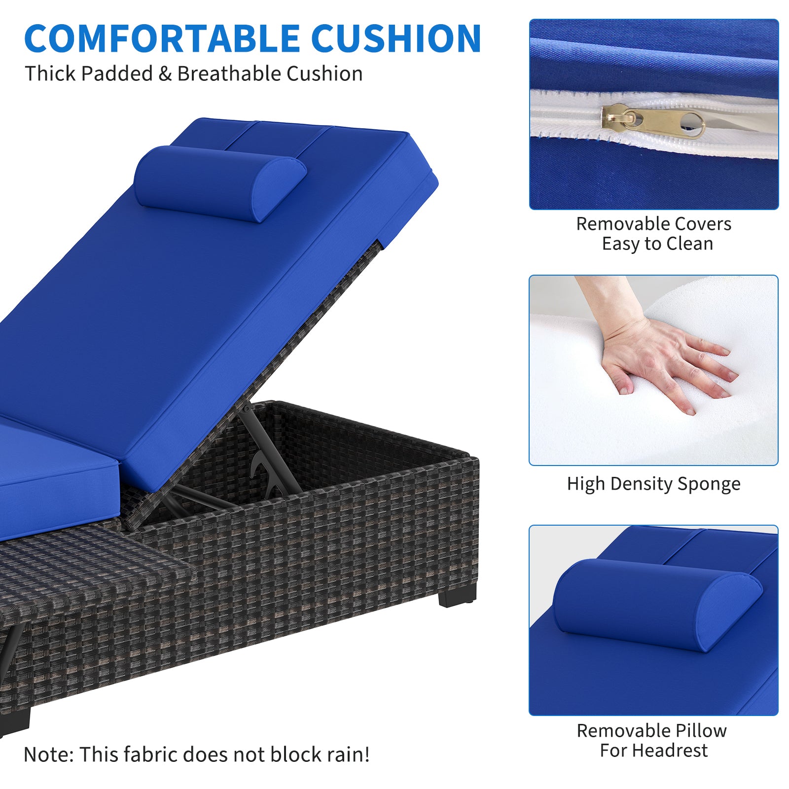 Garvee Set of 2 Outdoor Chaise Lounge Chairs, PE Rattan Recliners with Adjustable Backrest & Side Table, Thick Blue Cushions, All-Weather Steel Frame for Poolside Patio, Brown Rattan