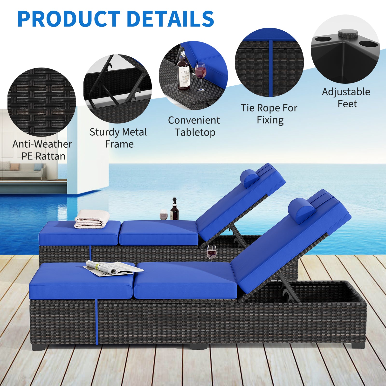 Garvee Set of 2 Outdoor Chaise Lounge Chairs, PE Rattan Recliners with Adjustable Backrest & Side Table, Thick Blue Cushions, All-Weather Steel Frame for Poolside Patio, Brown Rattan