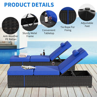 Garvee Set of 2 Outdoor Chaise Lounge Chairs, PE Rattan Recliners with Adjustable Backrest & Side Table, Thick Blue Cushions, All-Weather Steel Frame for Poolside Patio, Brown Rattan