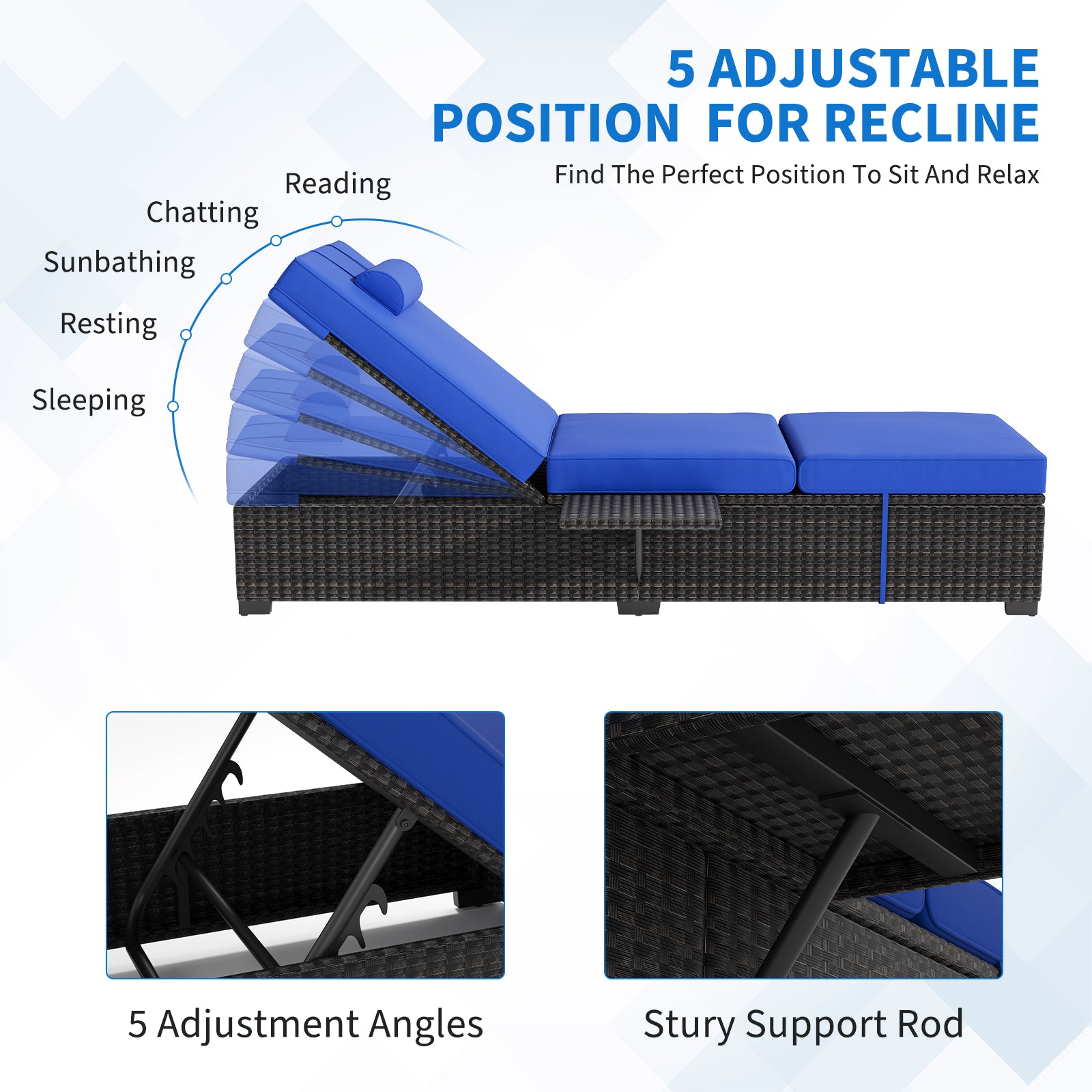 Garvee Set of 2 Outdoor Chaise Lounge Chairs, PE Rattan Recliners with Adjustable Backrest & Side Table, Thick Blue Cushions, All-Weather Steel Frame for Poolside Patio, Brown Rattan