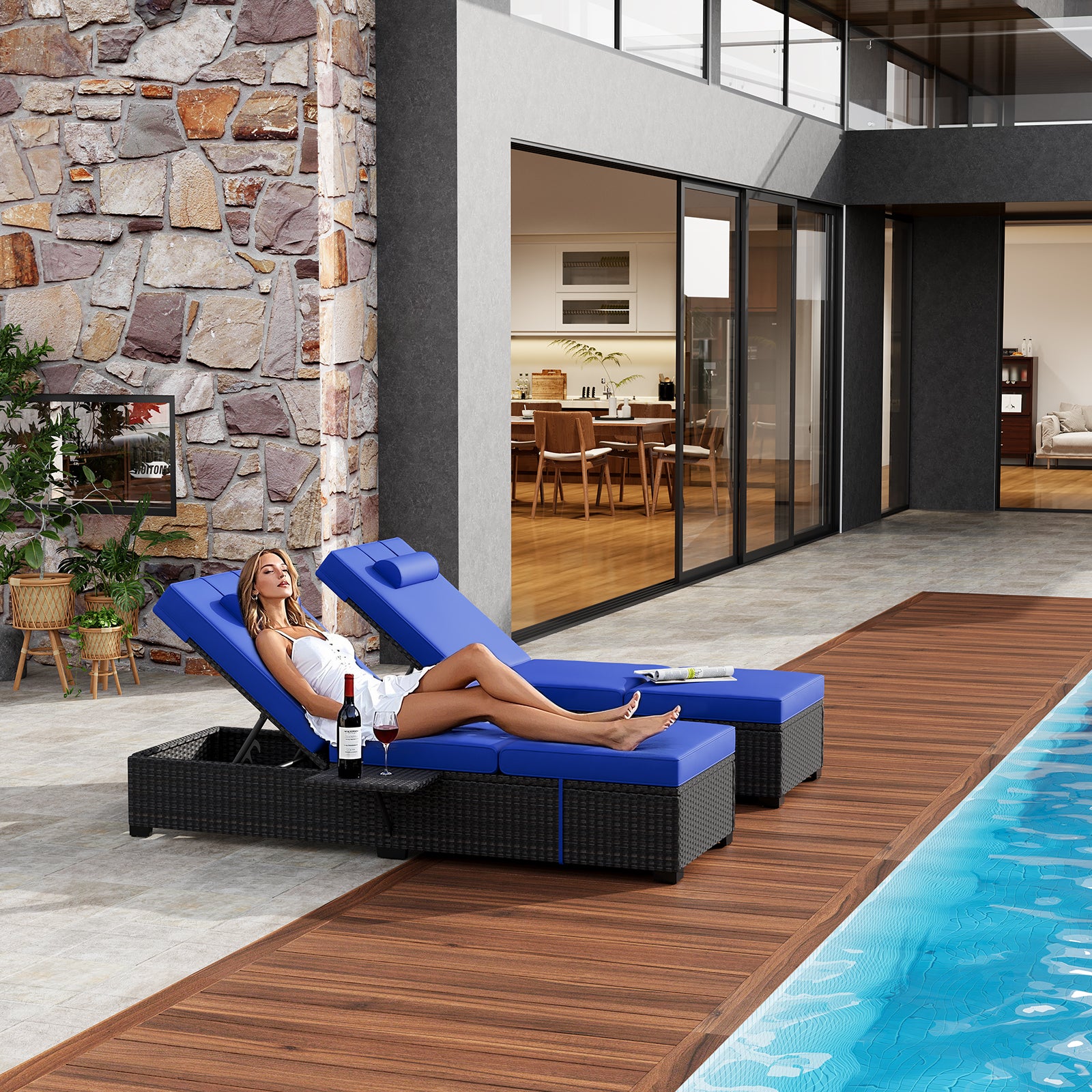 Garvee Set of 2 Outdoor Chaise Lounge Chairs, PE Rattan Recliners with Adjustable Backrest & Side Table, Thick Blue Cushions, All-Weather Steel Frame for Poolside Patio, Brown Rattan