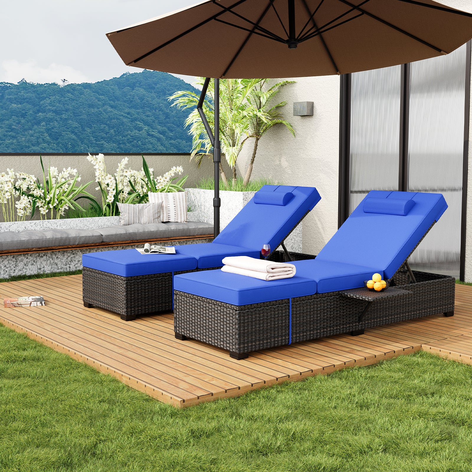 Garvee Set of 2 Outdoor Chaise Lounge Chairs, PE Rattan Recliners with Adjustable Backrest & Side Table, Thick Blue Cushions, All-Weather Steel Frame for Poolside Patio, Brown Rattan