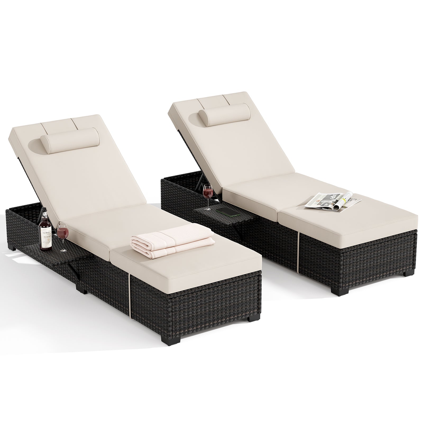 Garvee 2-Piece Outdoor Chaise Lounge Set PE Rattan Recliners with Adjustable Backrest, Side Table & Plush Earth Gray Cushions, All-Weather Steel Frame