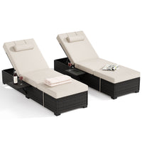 Garvee 2-Piece Outdoor Chaise Lounge Set PE Rattan Recliners with Adjustable Backrest, Side Table & Plush Earth Gray Cushions, All-Weather Steel Frame