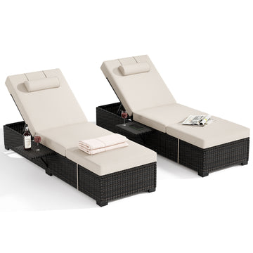 Garvee 2-Piece Outdoor Chaise Lounge Set PE Rattan Recliners with Adjustable Backrest, Side Table & Plush Earth Gray Cushions, All-Weather Steel Frame