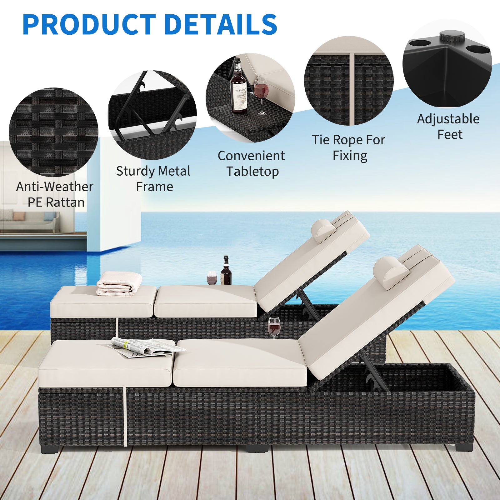 Garvee 2-Piece Outdoor Chaise Lounge Set PE Rattan Recliners with Adjustable Backrest, Side Table & Plush Earth Gray Cushions, All-Weather Steel Frame