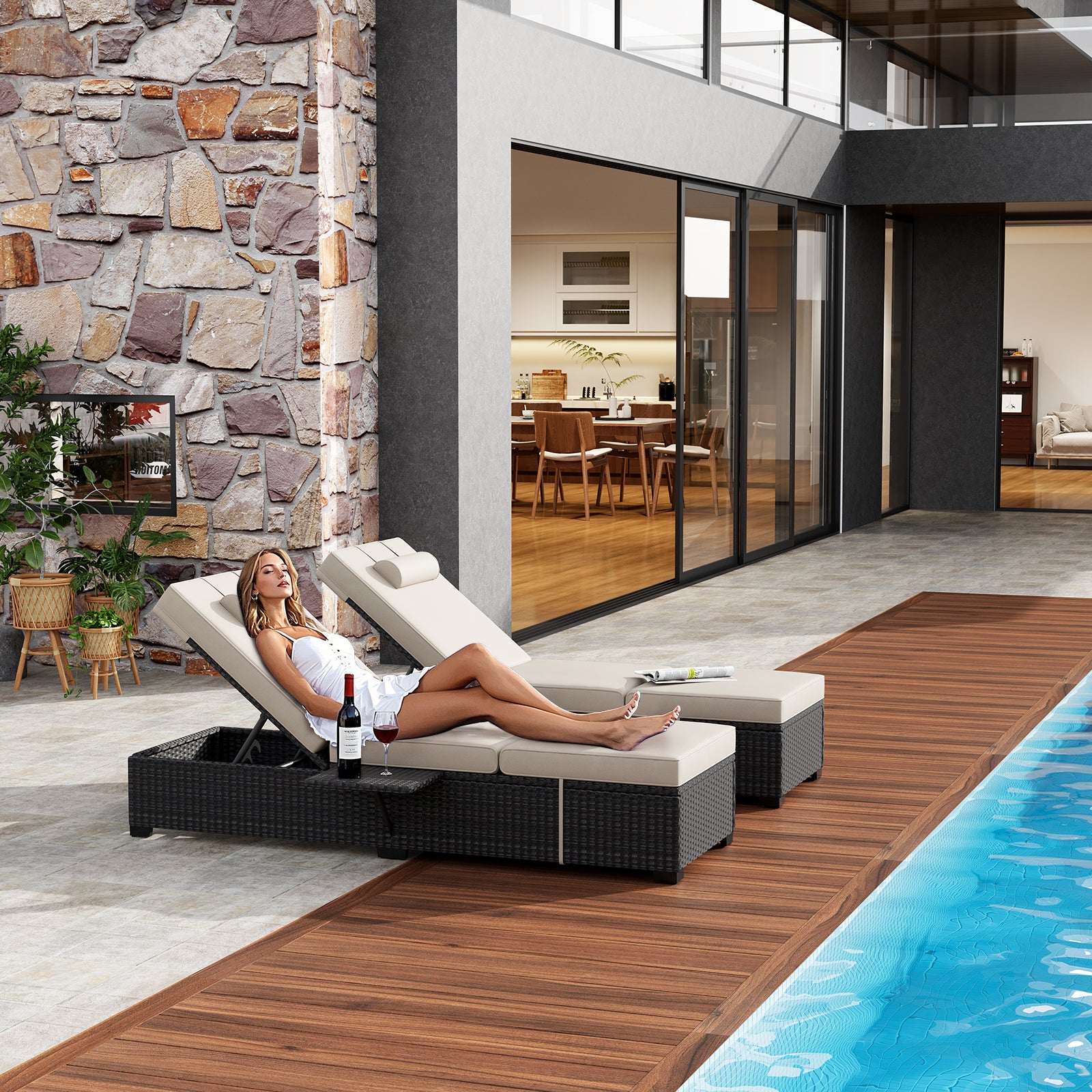 Garvee 2-Piece Outdoor Chaise Lounge Set PE Rattan Recliners with Adjustable Backrest, Side Table & Plush Earth Gray Cushions, All-Weather Steel Frame