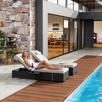 Garvee 2-Piece Outdoor Chaise Lounge Set PE Rattan Recliners with Adjustable Backrest, Side Table & Plush Earth Gray Cushions, All-Weather Steel Frame