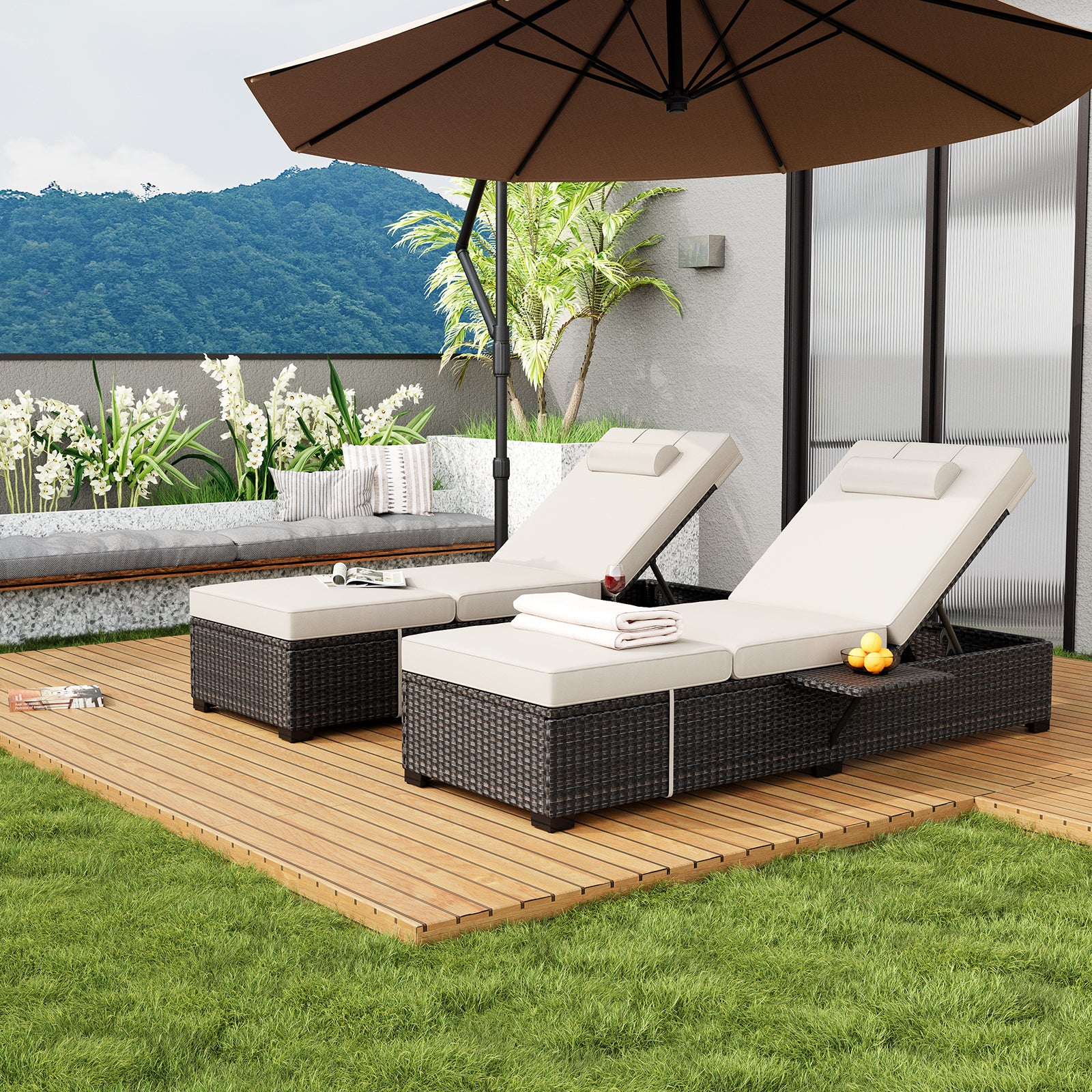 Garvee 2-Piece Outdoor Chaise Lounge Set PE Rattan Recliners with Adjustable Backrest, Side Table & Plush Earth Gray Cushions, All-Weather Steel Frame