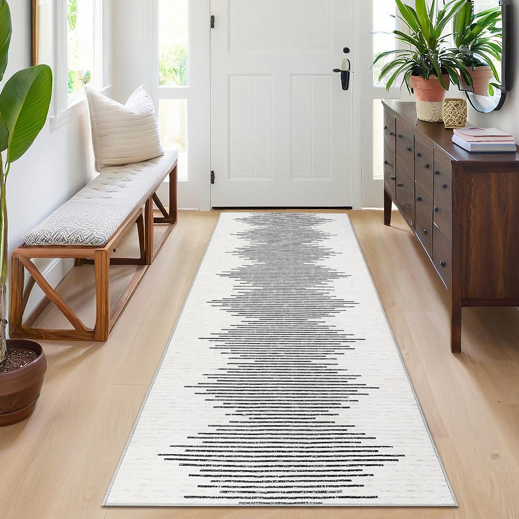 Garvee Washable Runner Rug 2x6 Modern Stripe Geometric Runner, Soft Thin Low Pile Abstract Entryway Rug, Indoor Non Shedding Foldable Floor Carpet, Accent Printed Mat for Hallway, Beige