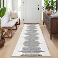 Garvee Washable Runner Rug 2x6 Modern Stripe Geometric Runner, Soft Thin Low Pile Abstract Entryway Rug, Indoor Non Shedding Foldable Floor Carpet, Accent Printed Mat for Hallway, Beige