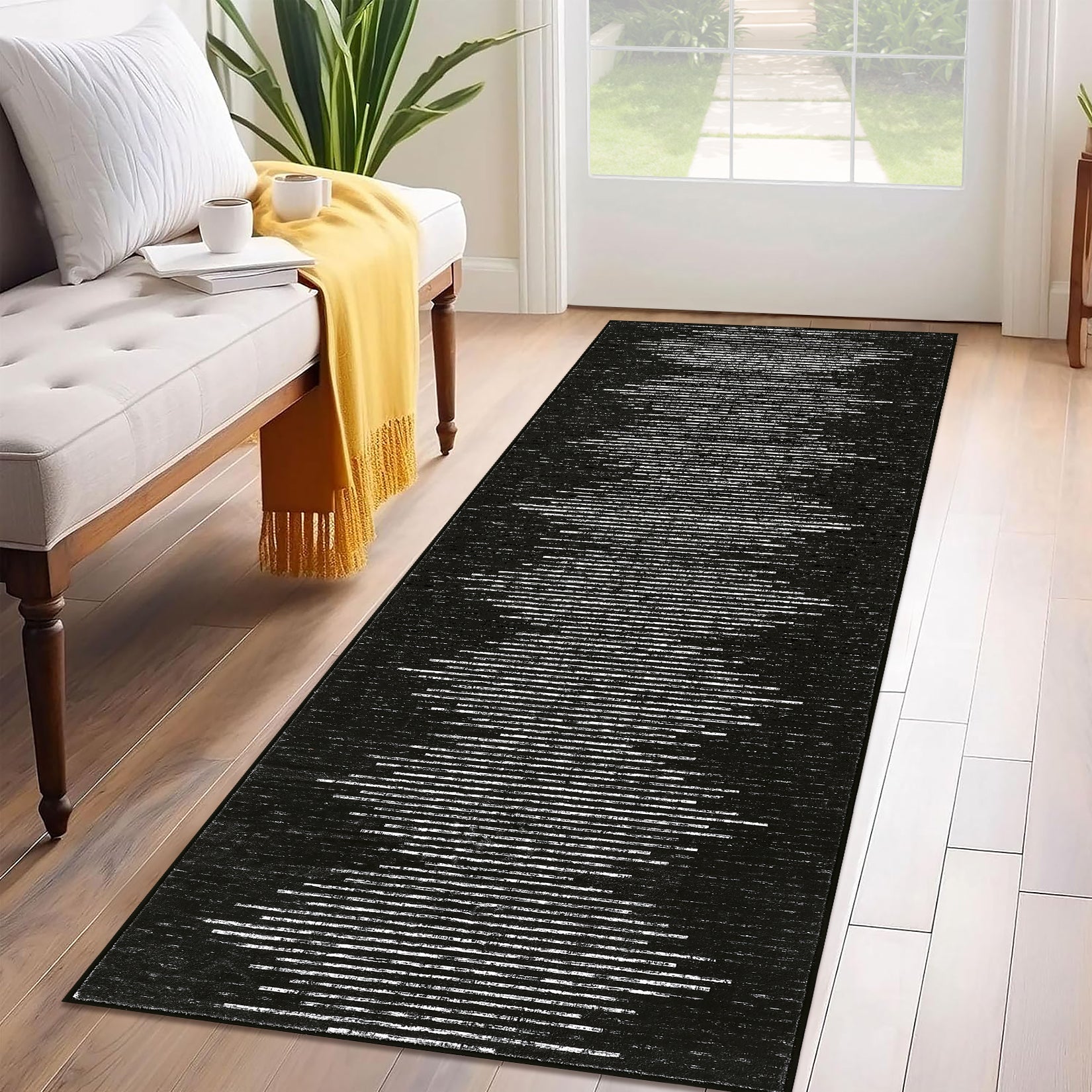 Garvee Washable Runner Rug 2x6 Modern Stripe Geometric Runner, Soft Thin Low Pile Abstract Entryway Rug, Indoor Non Shedding Foldable Floor Carpet, Accent Printed Mat for Hallway, Black-Middle Striped