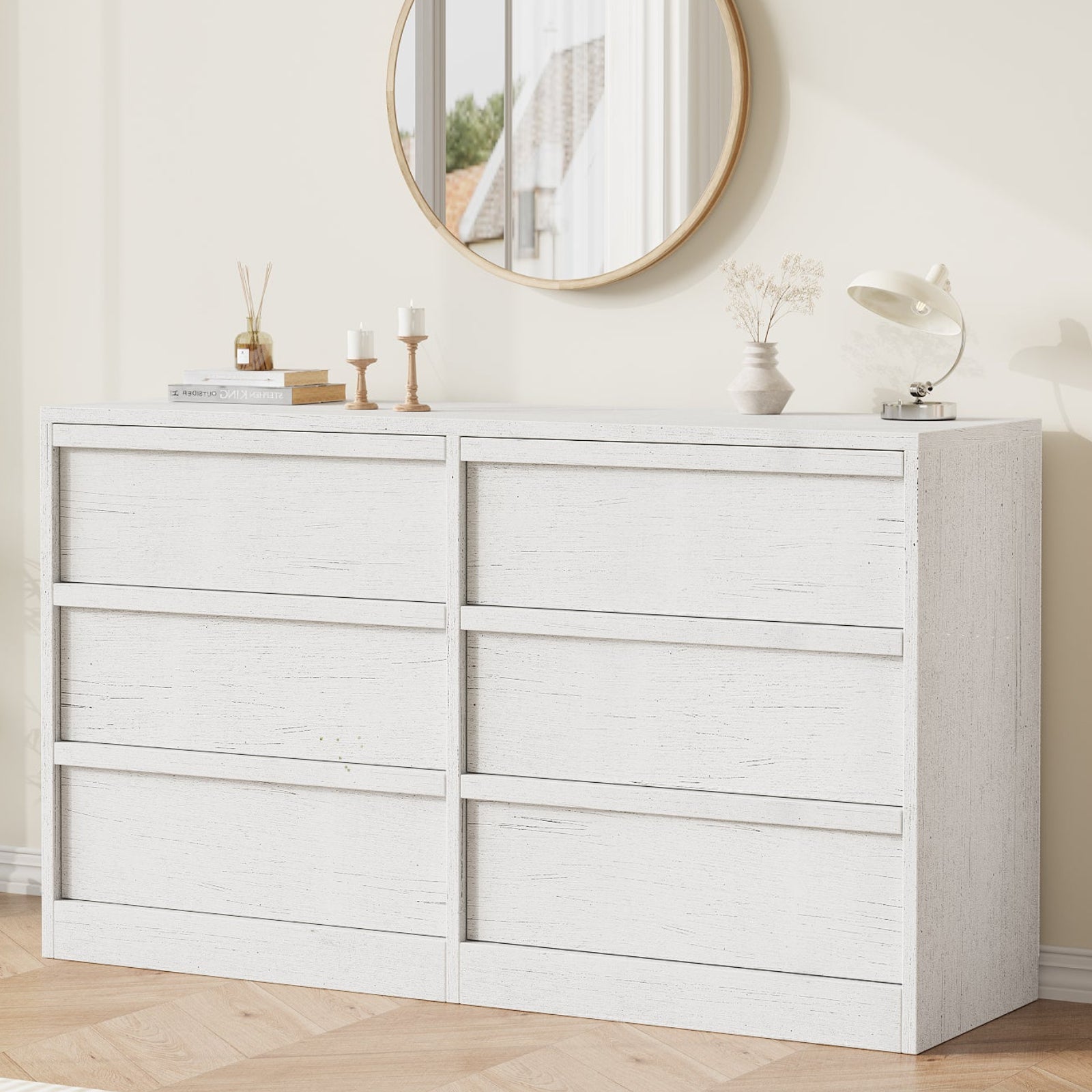 Garvee 6 Drawer Dresser Wide Antique Chest Large Storage Wooden Durable with Anti-Tip Device for Bedroom
