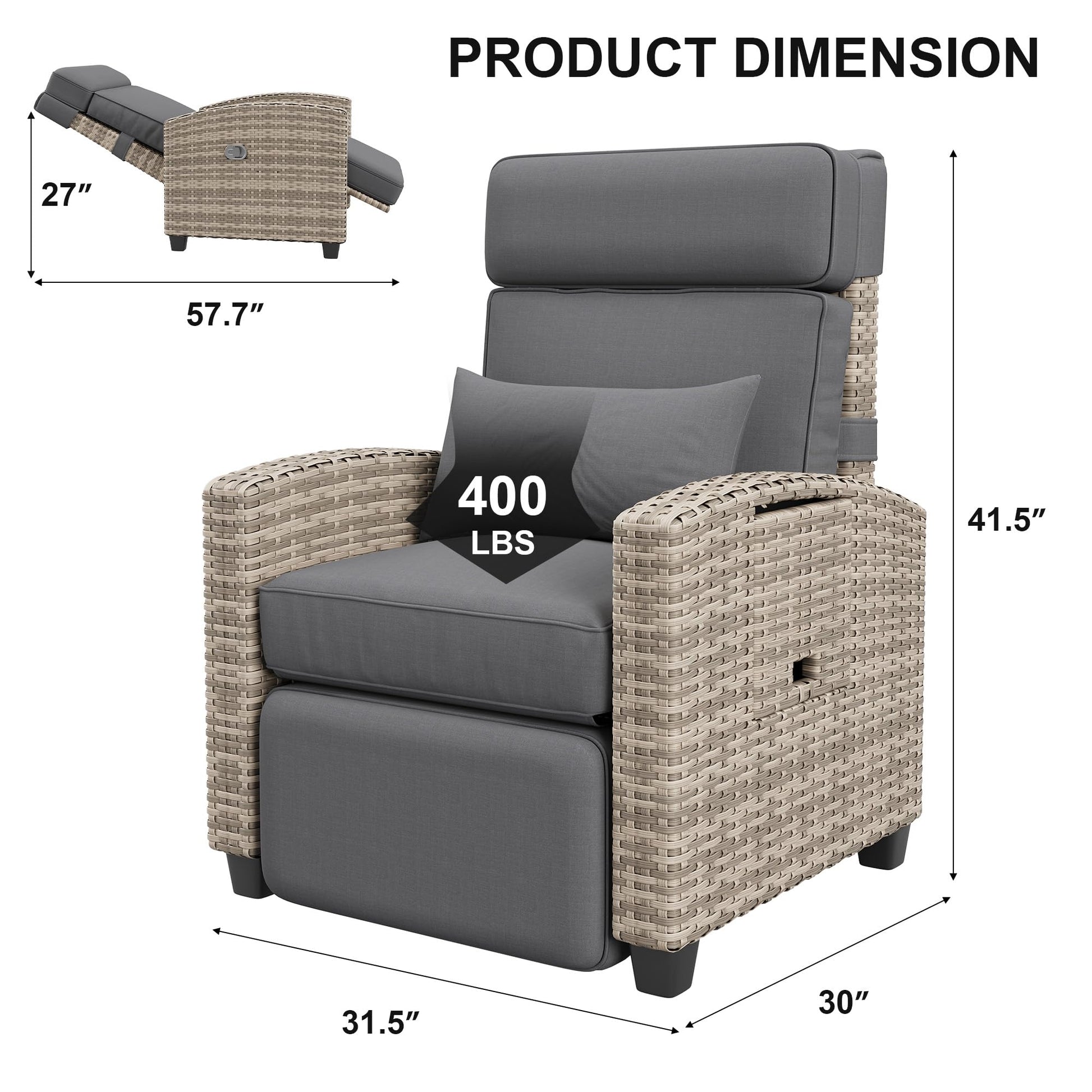Garvee Outdoor Recliner Patio Chair – Adjustable Backrest & Footrest, Turn over-Up Side Table, Removable Cushion, All-Weather Wicker Armchair, Ideal for Pool, Deck, Balcony, Gray Rattan with Taupe Cushion
