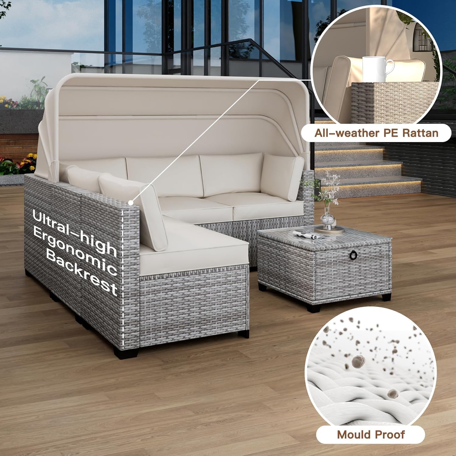 Garvee 6 Piece Set of Outdoor Daybeds, Daybed with Retractable Canopy