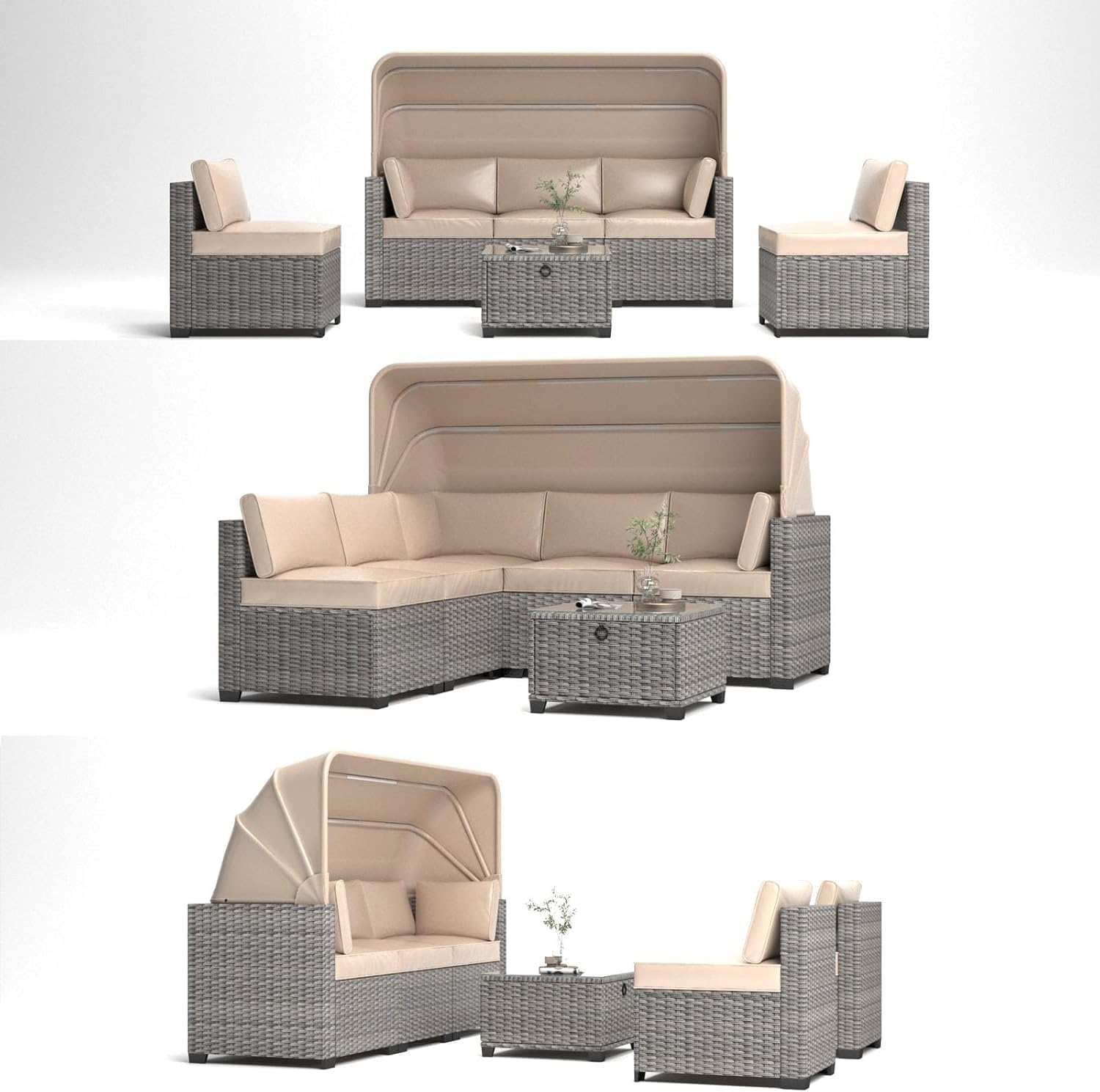 Garvee 6 Piece Set of Outdoor Daybeds, Daybed with Retractable Canopy