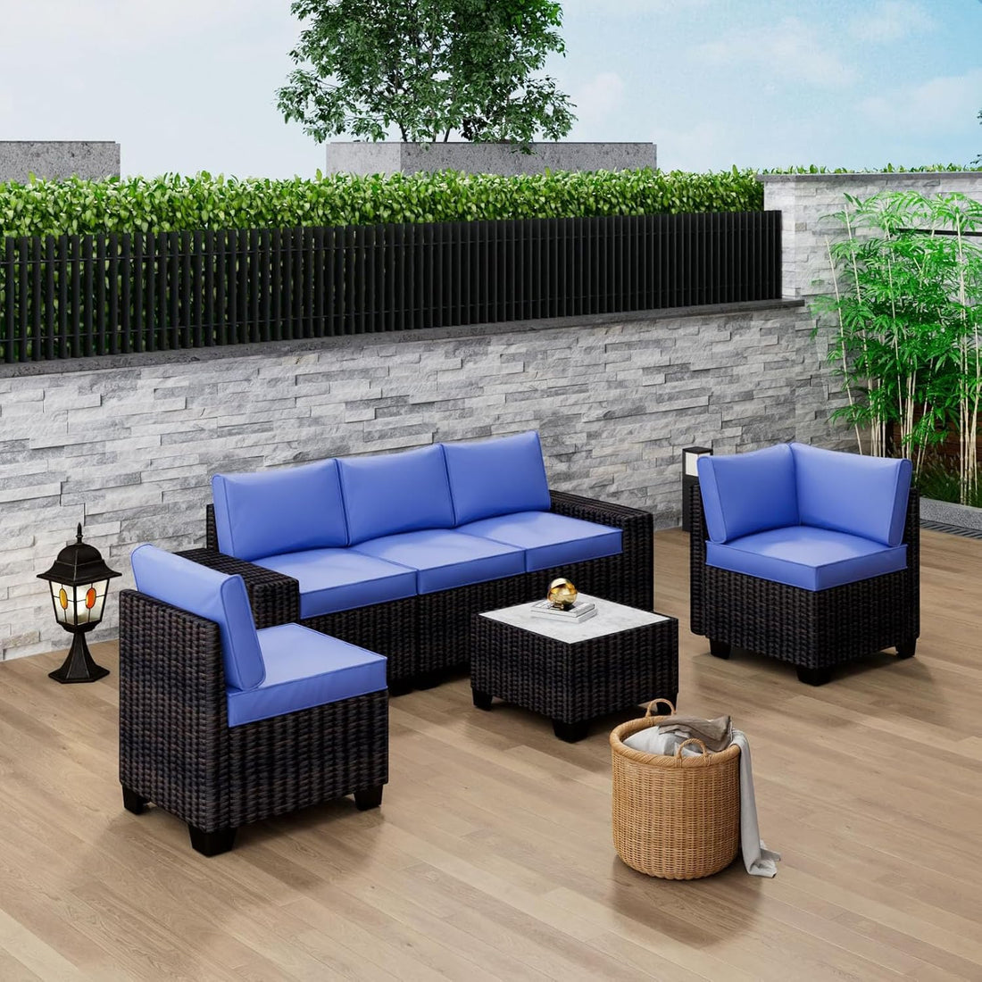 Garvee 6-Piece Modular Outdoor Sectional Sofa Set, PE Rattan All-Weather Patio Furniture with Coffee Table, Thickened Cushions & UV-Resistant Design for Backyard, Poolside, Balcony