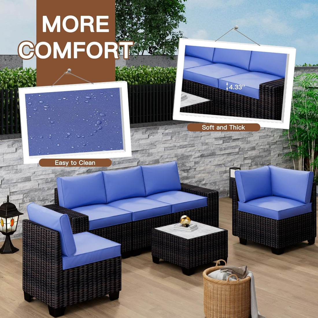 Garvee 6-Piece Modular Outdoor Sectional Sofa Set, PE Rattan All-Weather Patio Furniture with Coffee Table, Thickened Cushions & UV-Resistant Design for Backyard, Poolside, Balcony