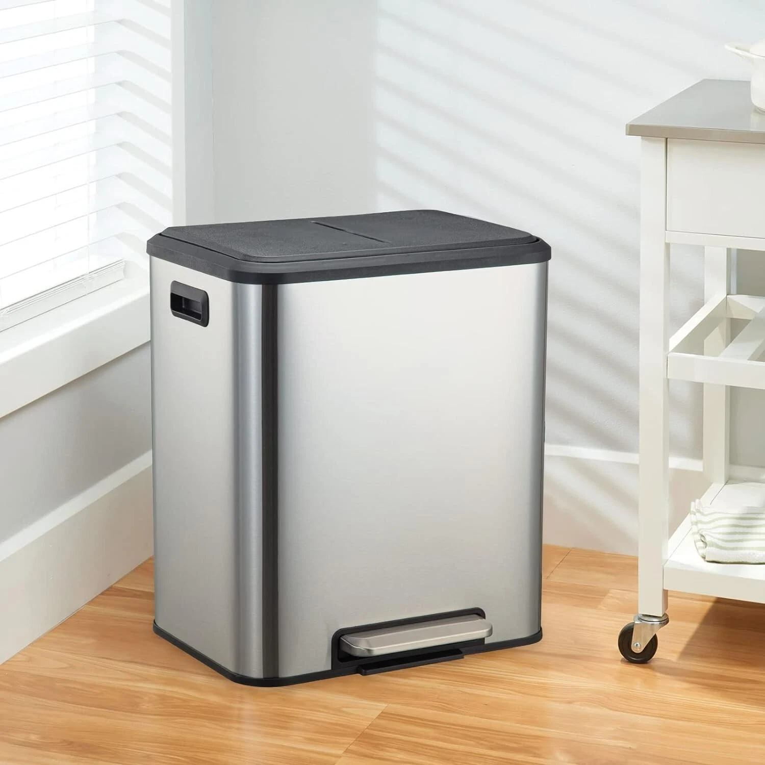 Garvee 8 Gallon Stainless Steel Dual Trash Can Recycling Bin with Removable Inner Bin and Soft Close Lid for Kitchen and Home Office, Silver