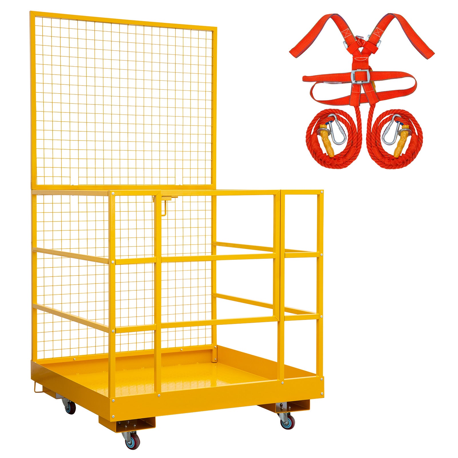Yellow forklift safety cage with mesh back, secure railings, swivel casters, and safety harness—ideal for warehouses and elevated maintenance tasks.