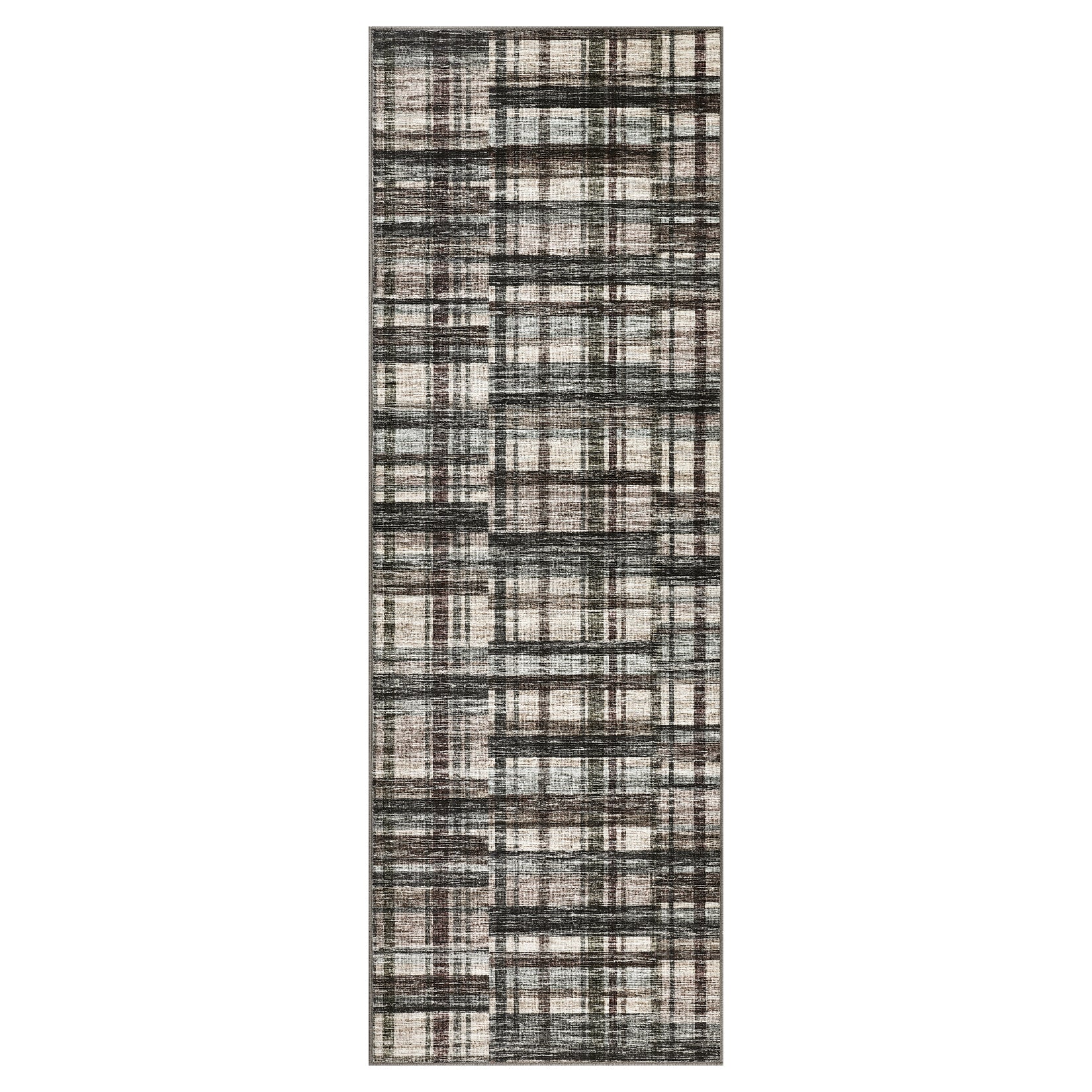 Garvee Modern Hallway Rugs 2x6 Washable Plaid Accent Carpet with Non-Slip Backing, Stain-Resistant Low Pile Indoor Mat, Farmhouse Floor Cover for Laundry, Bedroom, Green Brown