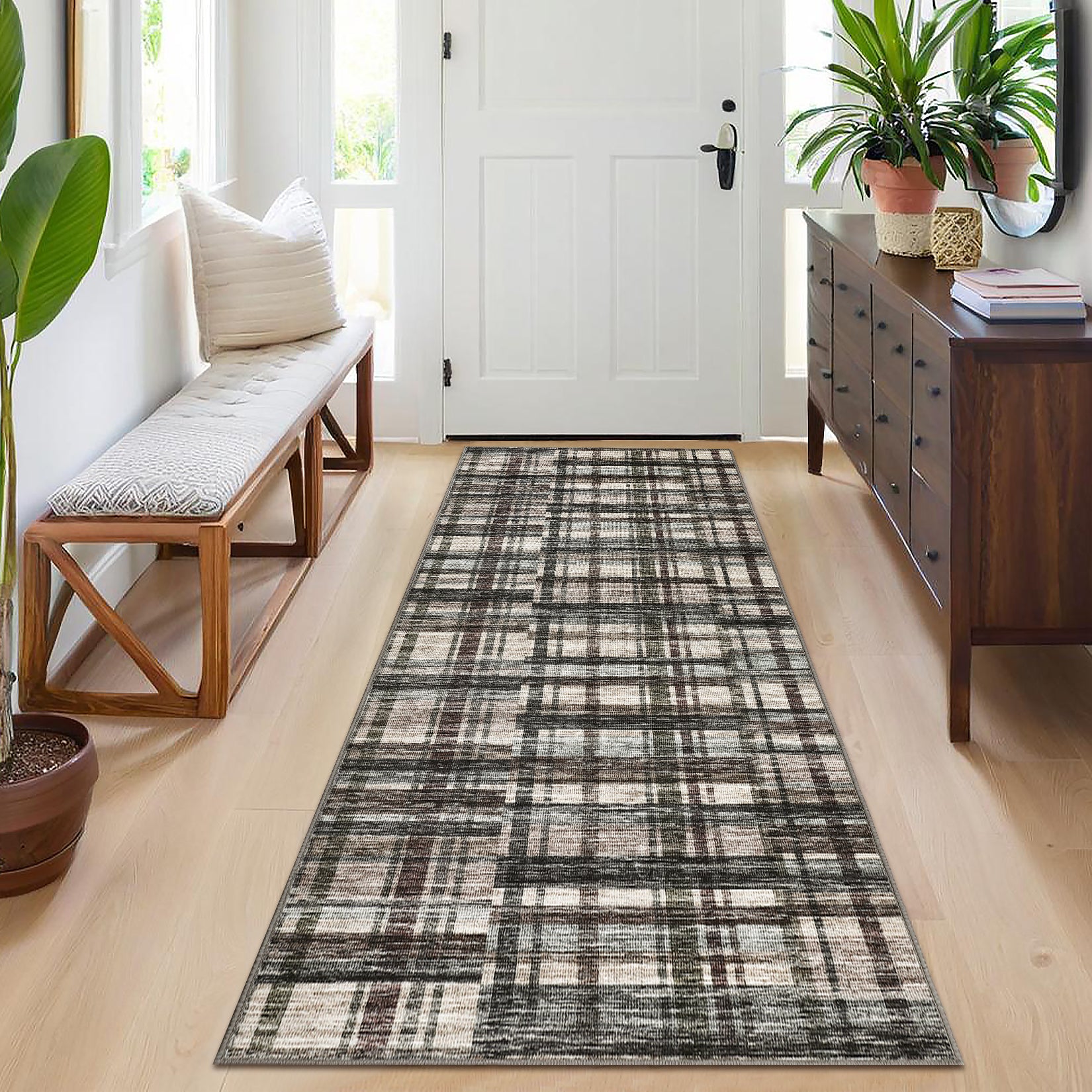 Garvee Modern Hallway Rugs 2x6 Washable Plaid Accent Carpet with Non-Slip Backing, Stain-Resistant Low Pile Indoor Mat, Farmhouse Floor Cover for Laundry, Bedroom, Green Brown