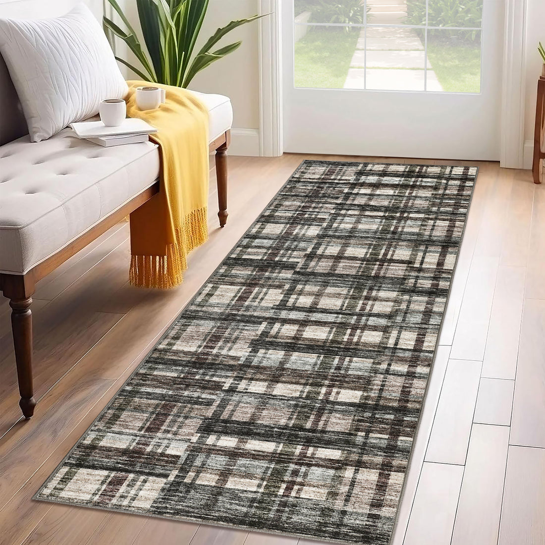 Garvee Modern Hallway Rugs 2x6 Washable Plaid Accent Carpet with Non-Slip Backing, Stain-Resistant Low Pile Indoor Mat, Farmhouse Floor Cover for Laundry, Bedroom, Green Brown