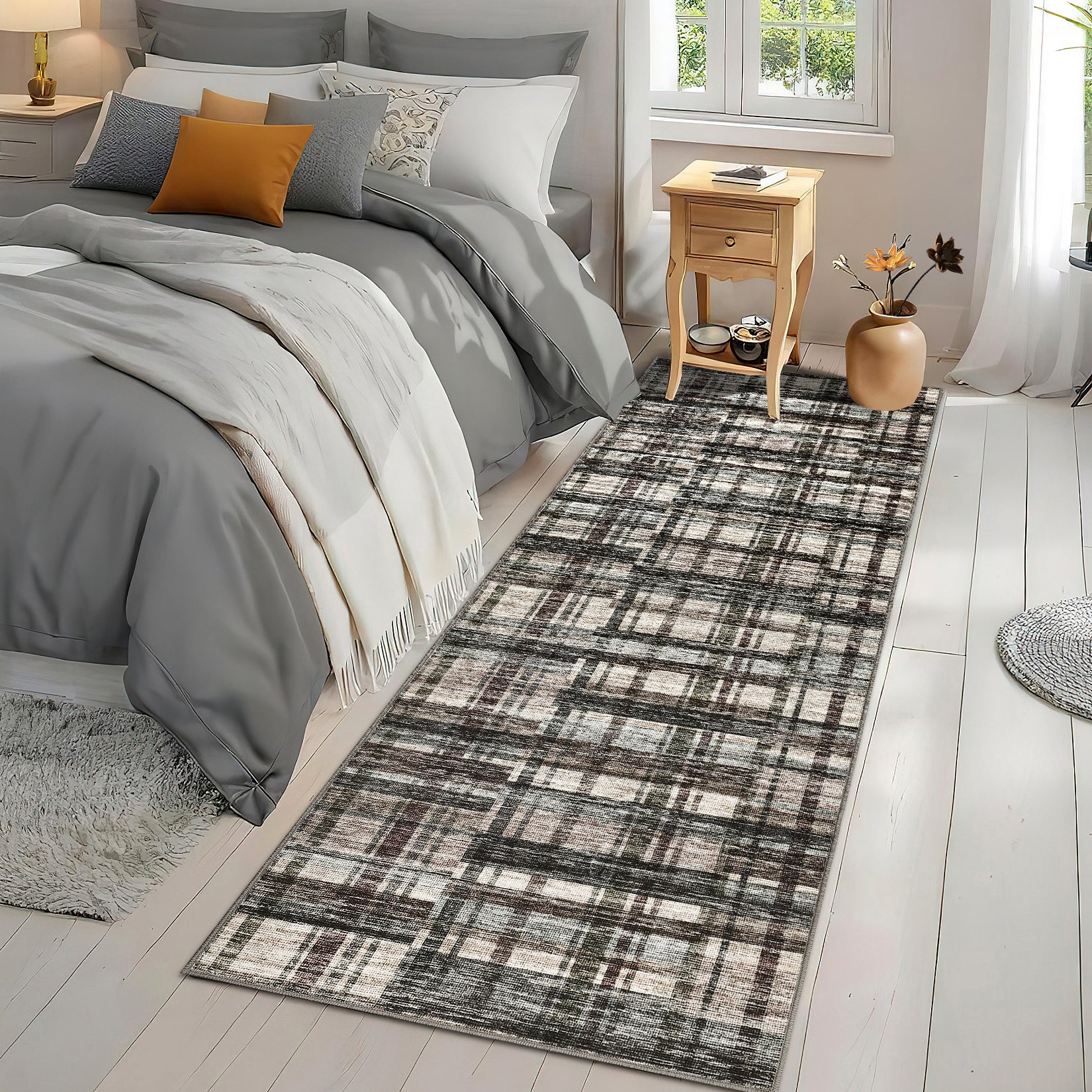 Garvee Modern Hallway Rugs 2x6 Washable Plaid Accent Carpet with Non-Slip Backing, Stain-Resistant Low Pile Indoor Mat, Farmhouse Floor Cover for Laundry, Bedroom, Green Brown