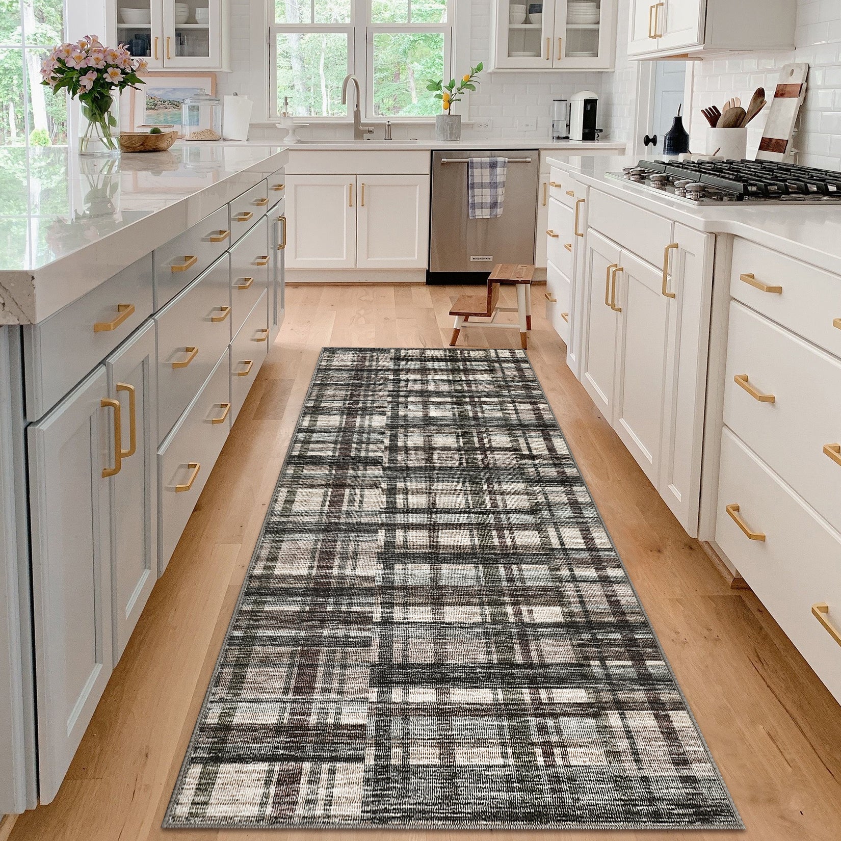 Garvee Modern Hallway Rugs 2x6 Washable Plaid Accent Carpet with Non-Slip Backing, Stain-Resistant Low Pile Indoor Mat, Farmhouse Floor Cover for Laundry, Bedroom, Green Brown