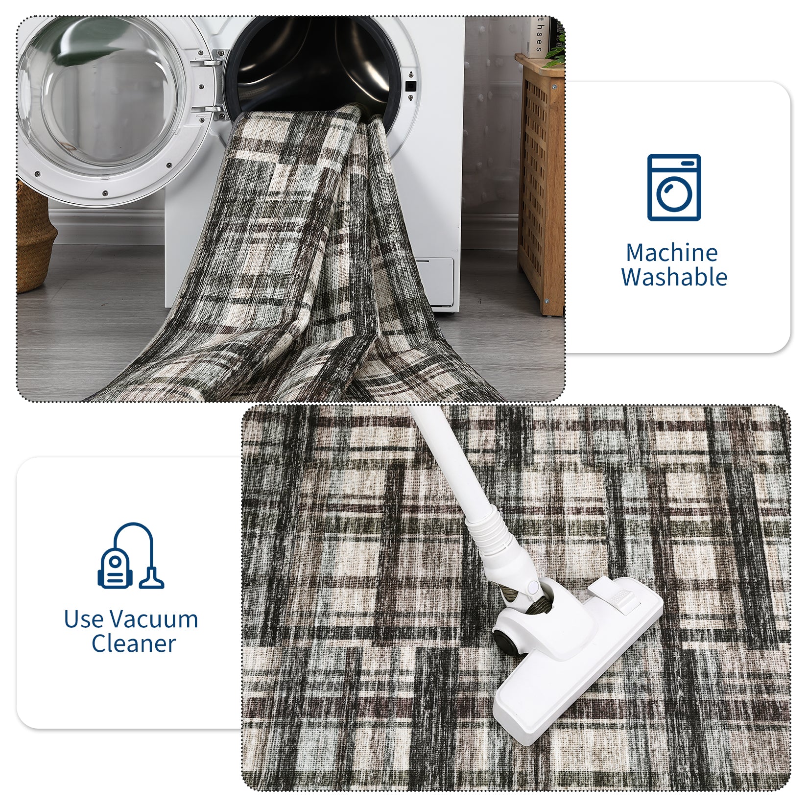 Garvee Modern Hallway Rugs 2x6 Washable Plaid Accent Carpet with Non-Slip Backing, Stain-Resistant Low Pile Indoor Mat, Farmhouse Floor Cover for Laundry, Bedroom, Green Brown