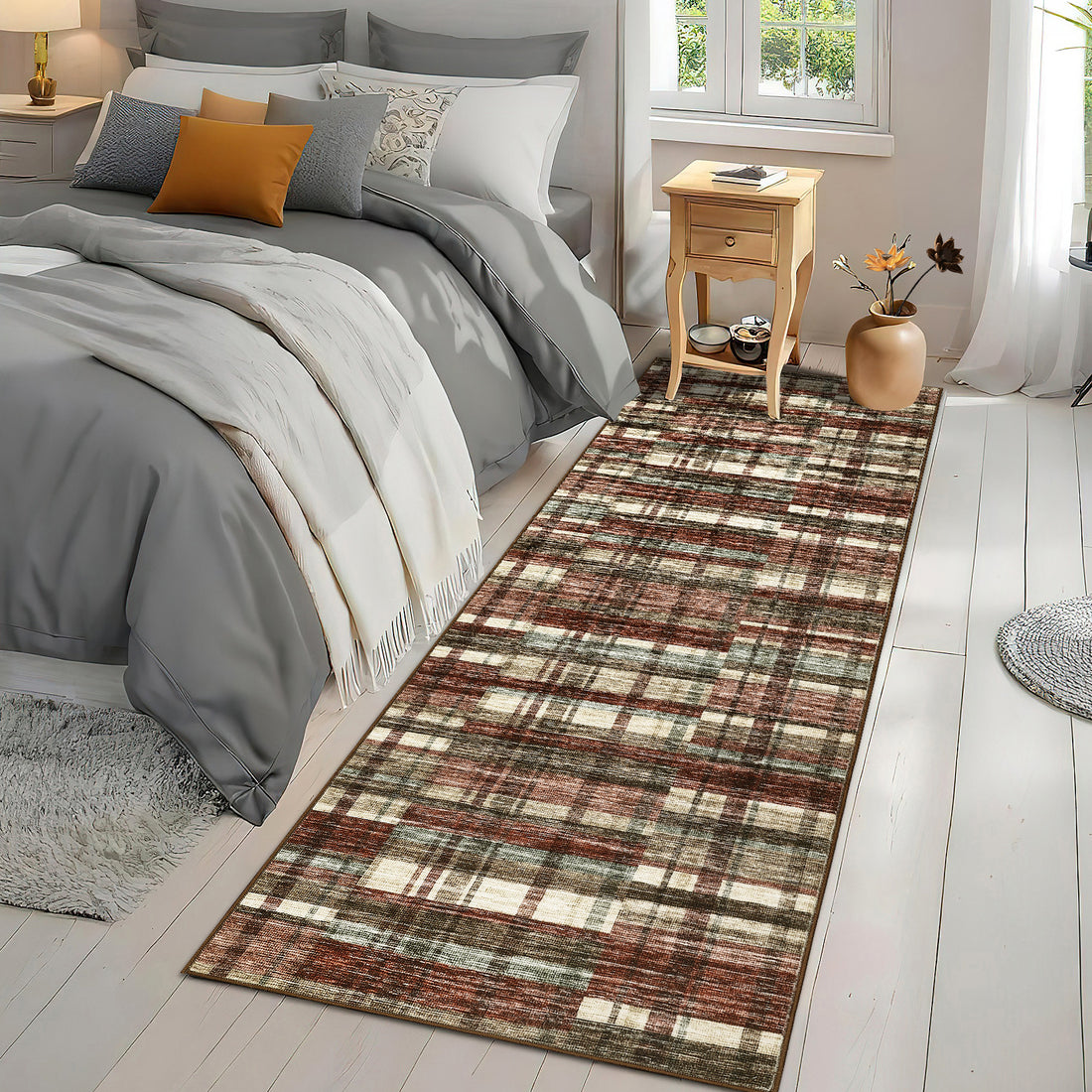 Garvee Modern Hallway Rugs 2x6 Washable Plaid Accent Carpet with Non-Slip Backing, Stain-Resistant Low Pile Indoor Mat, Farmhouse Floor Cover for Laundry, Bedroom, Red