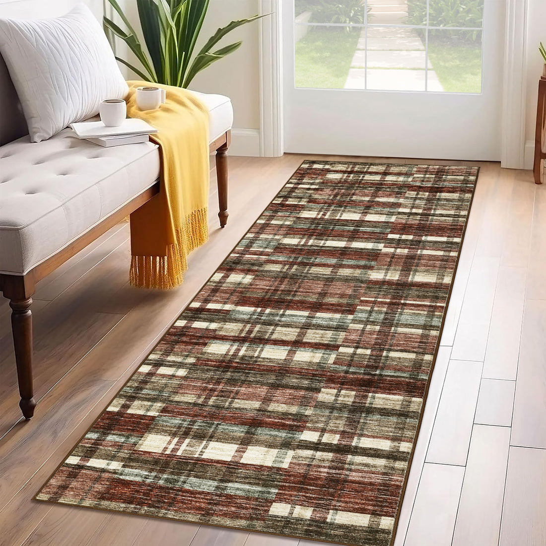Garvee Modern Hallway Rugs 2x6 Washable Plaid Accent Carpet with Non-Slip Backing, Stain-Resistant Low Pile Indoor Mat, Farmhouse Floor Cover for Laundry, Bedroom, Red