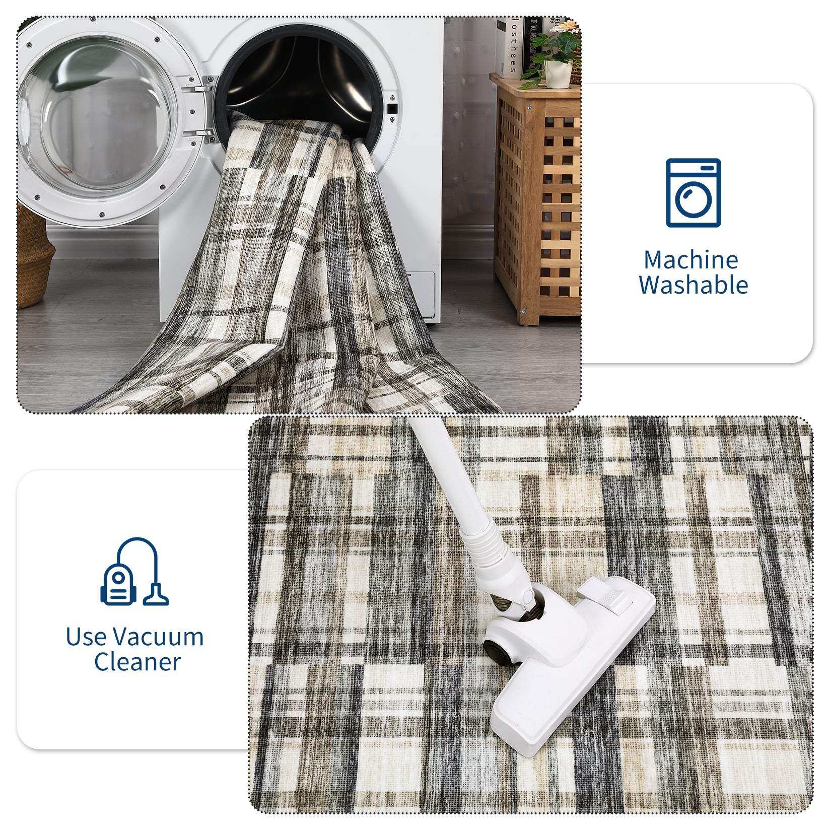 Garvee Modern Hallway Rugs 2x6 Washable Plaid Accent Carpet with Non-Slip Backing, Stain-Resistant Low Pile Indoor Mat, Farmhouse Floor Cover for Laundry, Bedroom