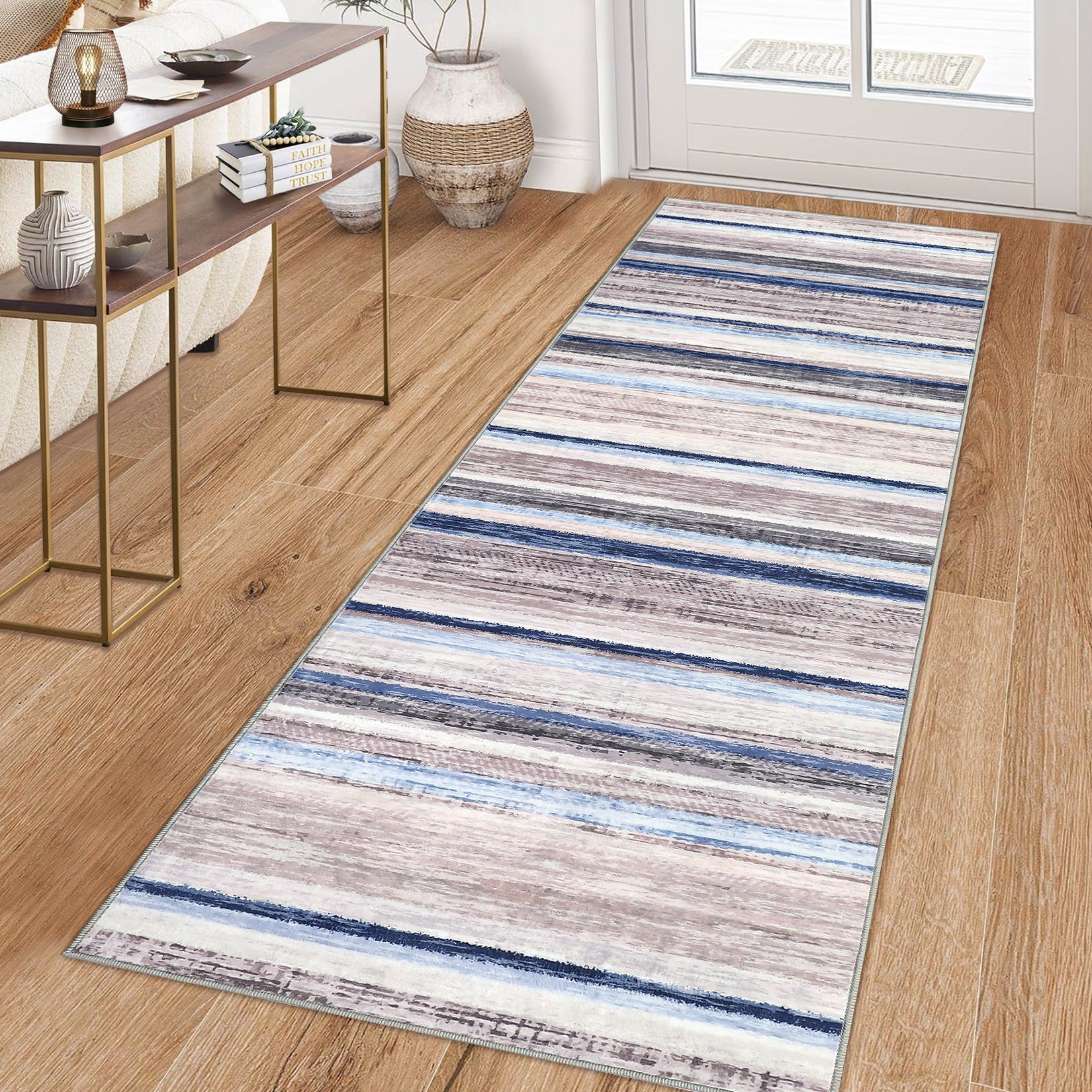 Garvee Washable Runner Rug 2x6 Modern Strip Accent Carpet with Non-Slip Backing, Soft Low Pile Floor Cover, Stain-Resistant Contemporary Area Rug for Kitchen, Bedroom, Laundry, Blue Camel