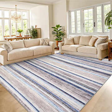 Garvee Area Rug 6x9 Washable Modern Strip Accent Carpet with Non-Slip Backing, Soft Low Pile Floor Cover, Stain-Resistant Contemporary Throw Rug for Bedroom, Office, Blue Camel