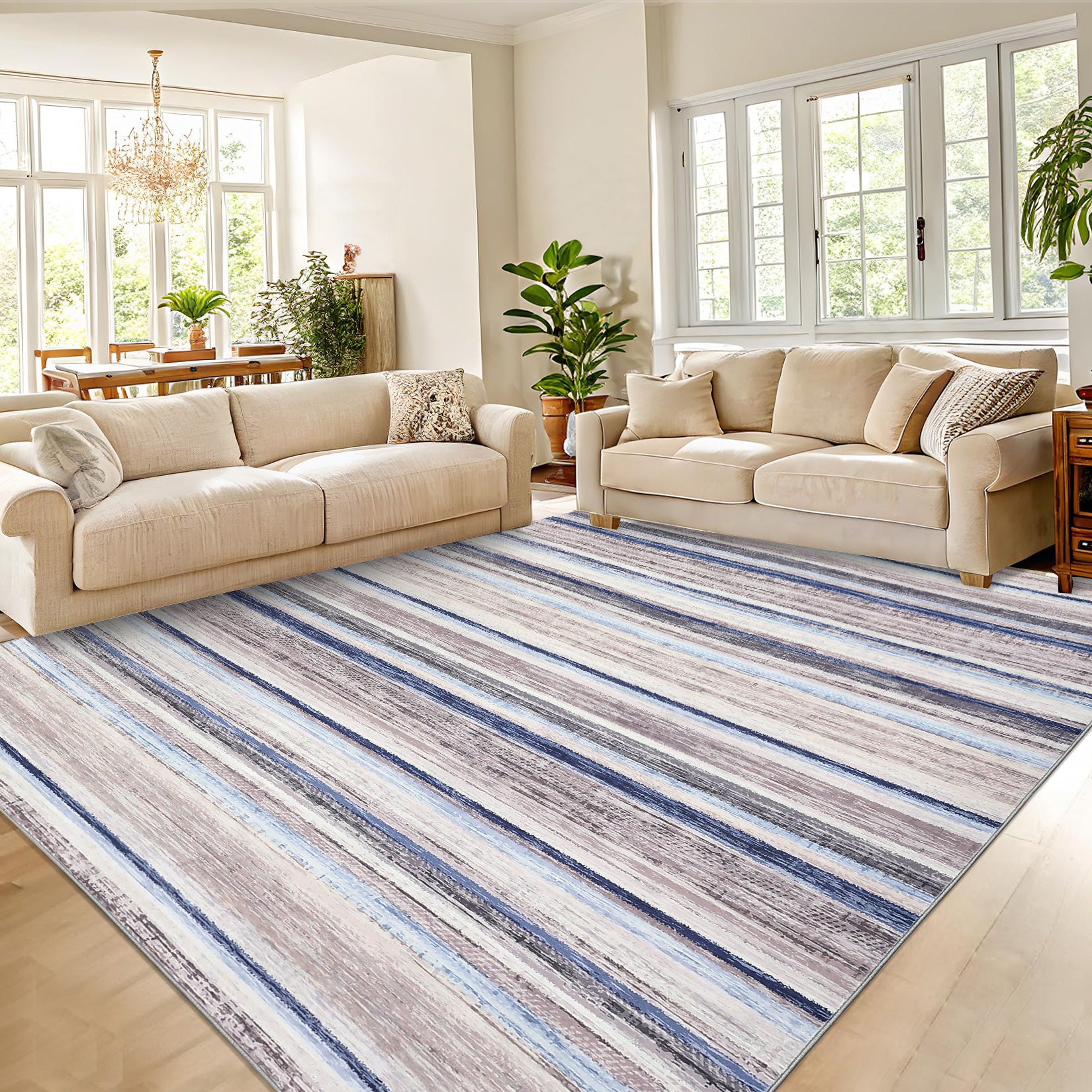 Garvee Area Rug 6x9 Washable Modern Strip Accent Carpet with Non-Slip Backing, Soft Low Pile Floor Cover, Stain-Resistant Contemporary Throw Rug for Bedroom, Office, Blue Camel