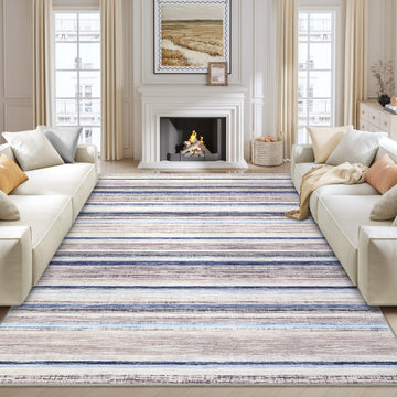 Garvee Large Living Room Rug 10x13 Washable Modern Strip Area Rug with Non-Slip Backing, Stain-Resistant Contemporary Floor Cover, Soft Low Pile Accent Carpet for Bedroom, Blue Camel
