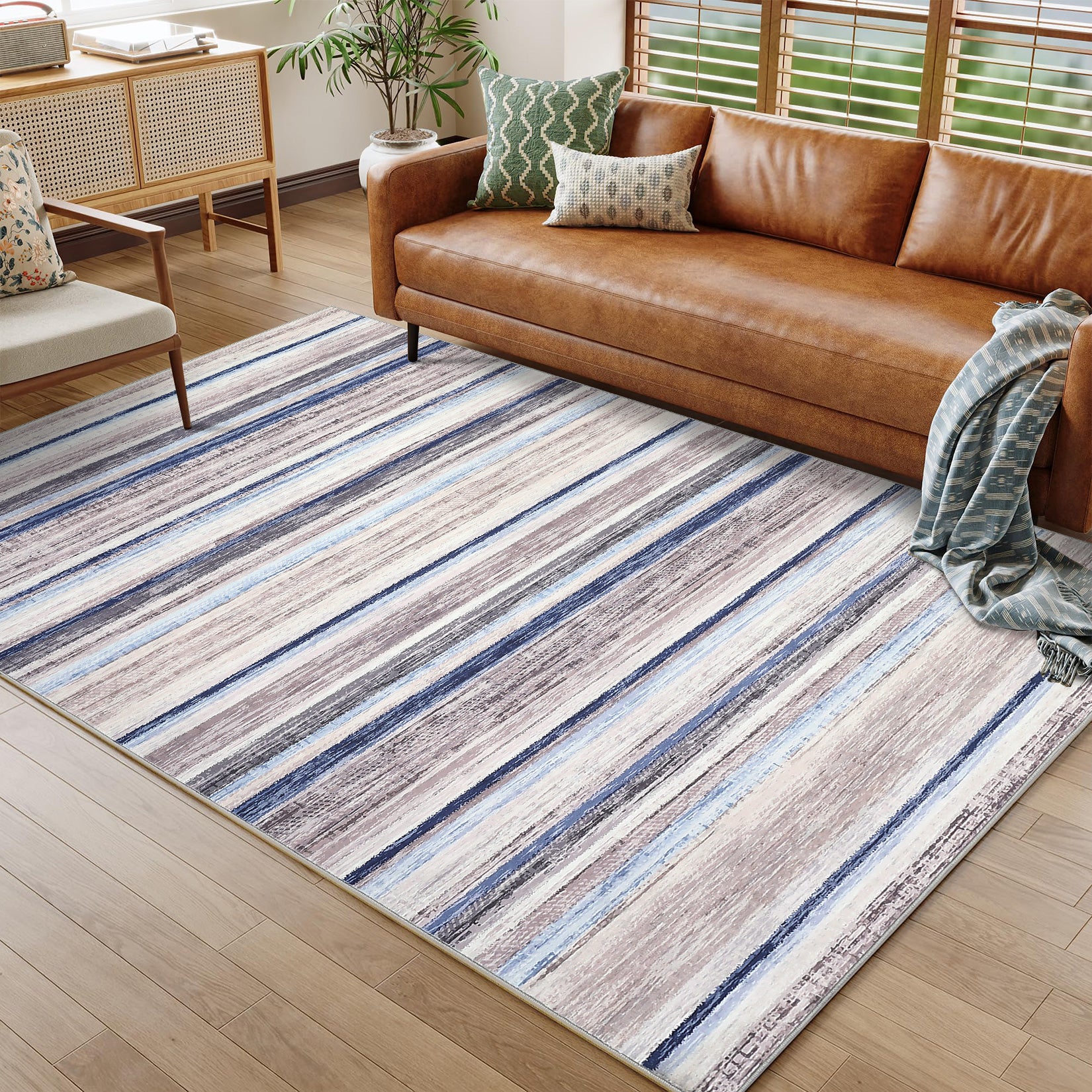 Garvee Large Living Room Rug 10x13 Washable Modern Strip Area Rug with Non-Slip Backing, Stain-Resistant Contemporary Floor Cover, Soft Low Pile Accent Carpet for Bedroom, Blue Camel