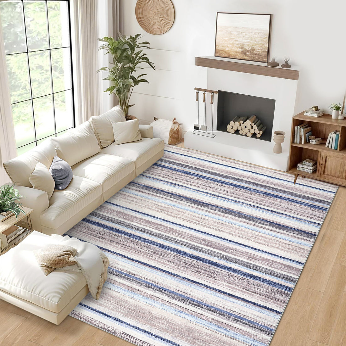 Garvee Large Living Room Rug 10x13 Washable Modern Strip Area Rug with Non-Slip Backing, Stain-Resistant Contemporary Floor Cover, Soft Low Pile Accent Carpet for Bedroom, Blue Camel