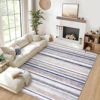 Garvee Large Living Room Rug 10x13 Washable Modern Strip Area Rug with Non-Slip Backing, Stain-Resistant Contemporary Floor Cover, Soft Low Pile Accent Carpet for Bedroom, Blue Camel