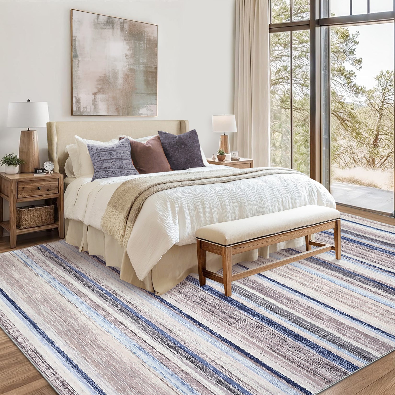 Garvee Washable Area Rug 5x7 Modern Strip Throw Rug with Non-Slip Backing, Stain-Resistant Contemporary Accent Carpet, Soft Low Pile Indoor Mat for Bedroom, Office