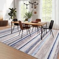 Garvee Large Living Room Rug 10x13 Washable Modern Strip Area Rug with Non-Slip Backing, Stain-Resistant Contemporary Floor Cover, Soft Low Pile Accent Carpet for Bedroom, Blue Camel