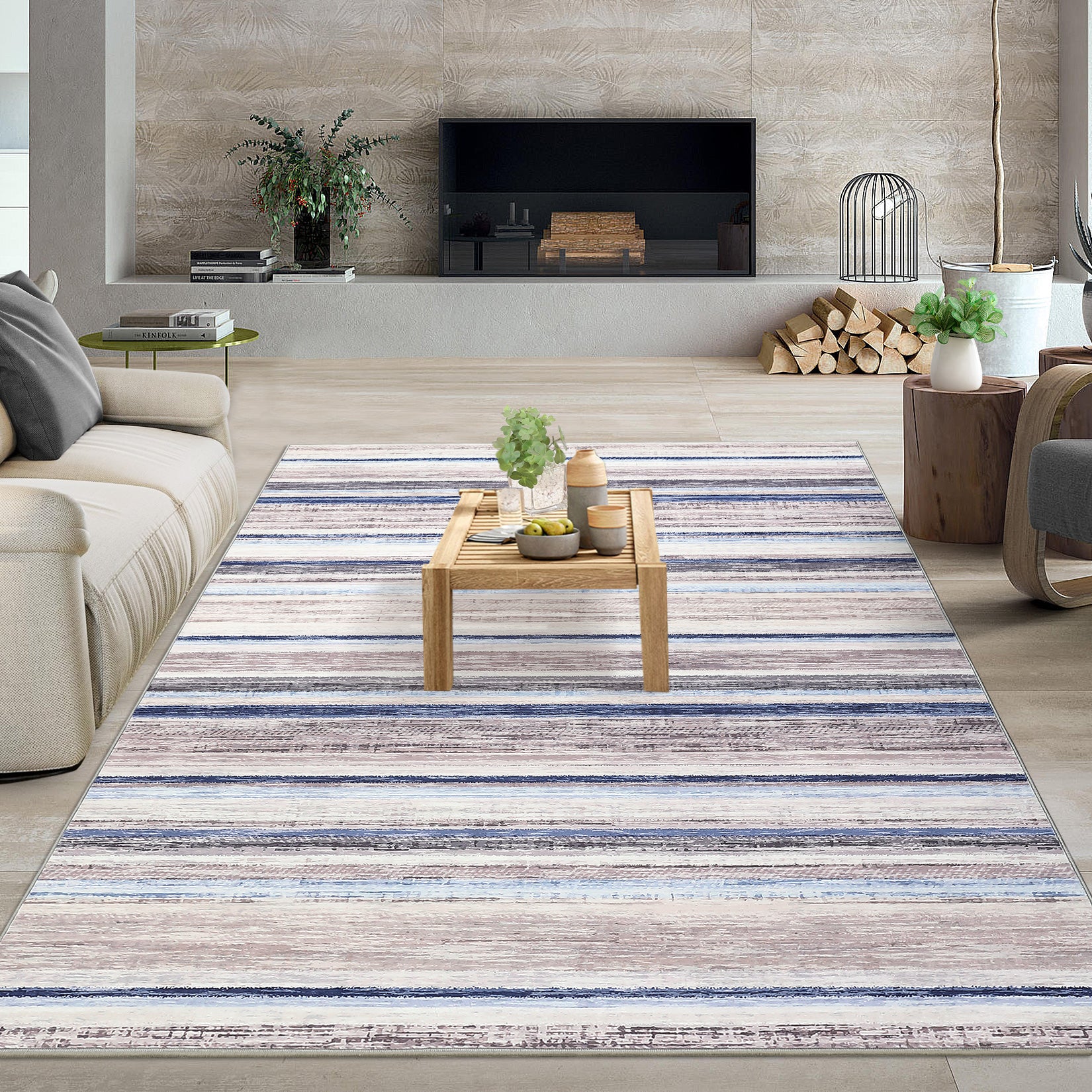 Garvee Washable Area Rug 5x7 Modern Strip Throw Rug with Non-Slip Backing, Stain-Resistant Contemporary Accent Carpet, Soft Low Pile Indoor Mat for Bedroom, Office