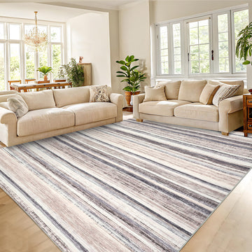 Garvee Washable Area Rug 5x7 Modern Strip Throw Rug with Non-Slip Backing, Stain-Resistant Contemporary Accent Carpet, Soft Low Pile Indoor Mat for Bedroom, Office, Camel
