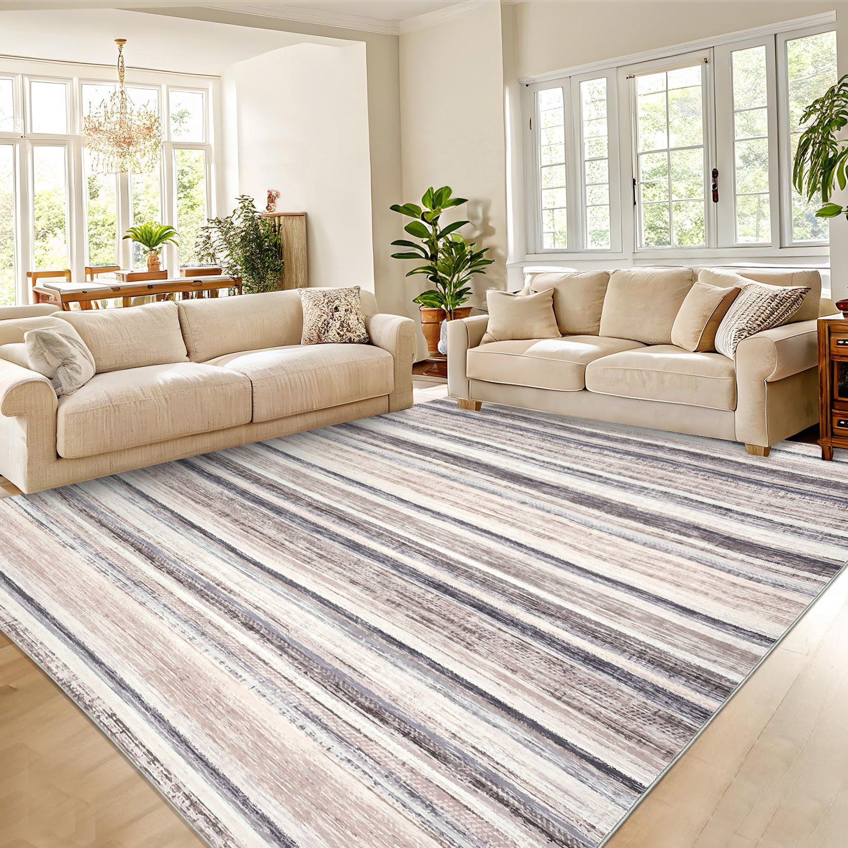 Garvee Washable Area Rug 5x7 Modern Strip Throw Rug with Non-Slip Backing, Stain-Resistant Contemporary Accent Carpet, Soft Low Pile Indoor Mat for Bedroom, Office, Camel
