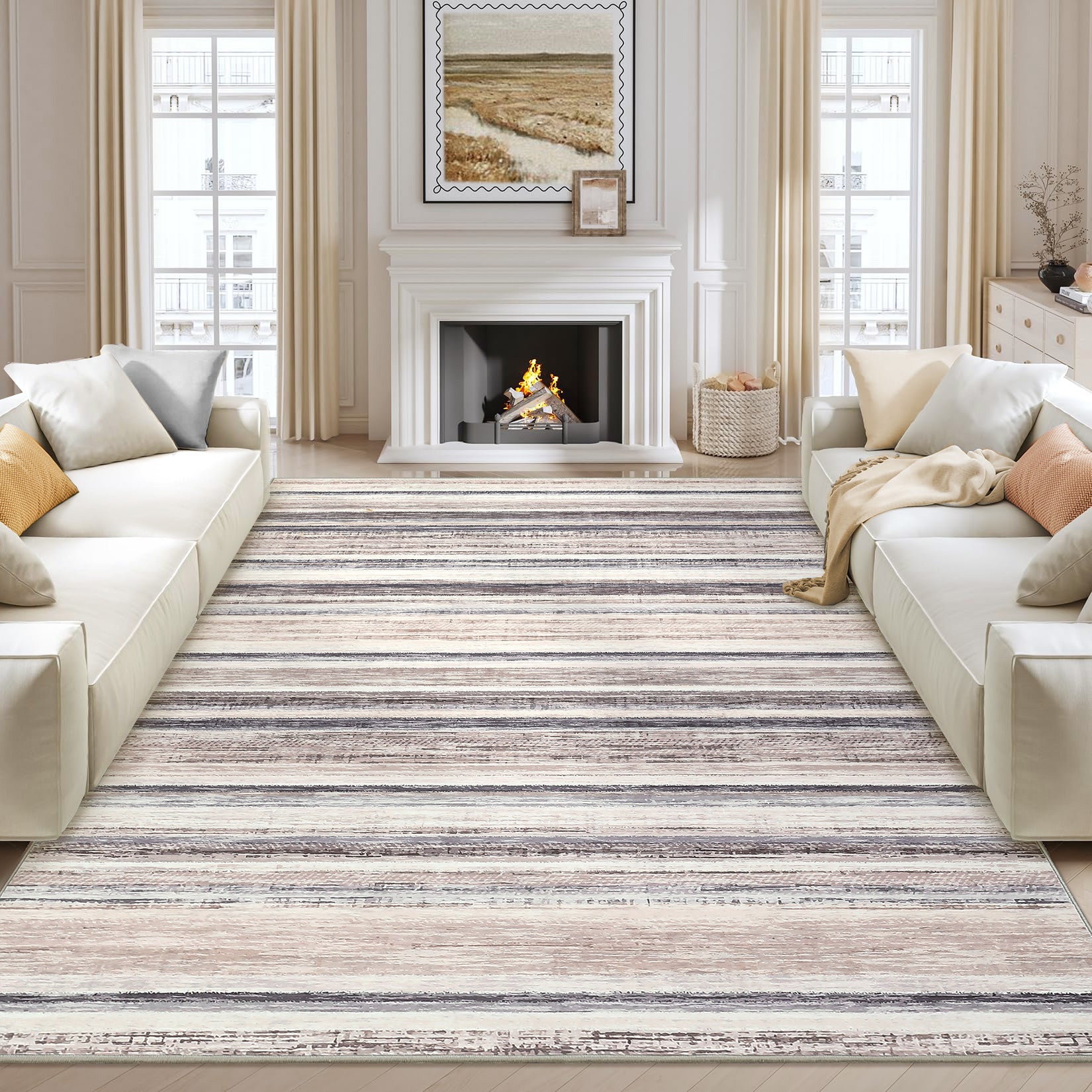 Garvee Washable Area Rug 5x7 Modern Strip Throw Rug with Non-Slip Backing, Stain-Resistant Contemporary Accent Carpet, Soft Low Pile Indoor Mat for Bedroom, Office, Camel