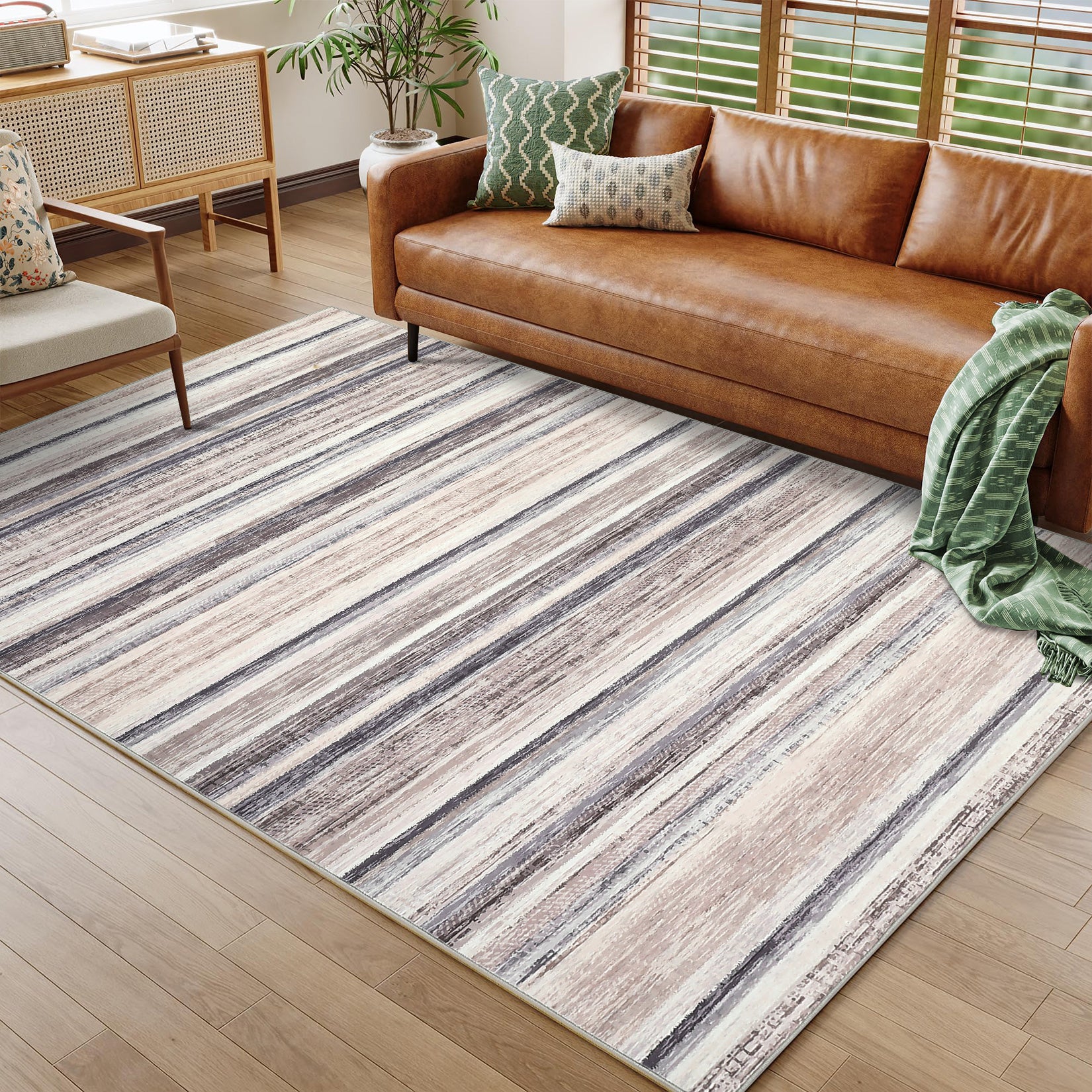 Garvee Washable Area Rug 5x7 Modern Strip Throw Rug with Non-Slip Backing, Stain-Resistant Contemporary Accent Carpet, Soft Low Pile Indoor Mat for Bedroom, Office, Camel