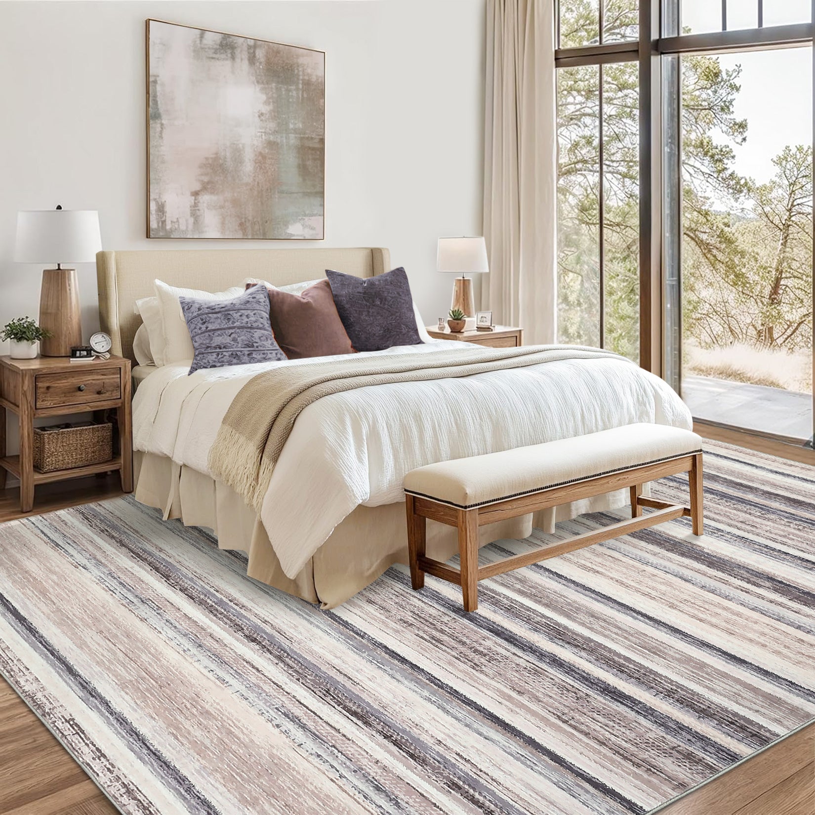 Garvee Washable Area Rug 5x7 Modern Strip Throw Rug with Non-Slip Backing, Stain-Resistant Contemporary Accent Carpet, Soft Low Pile Indoor Mat for Bedroom, Office, Camel