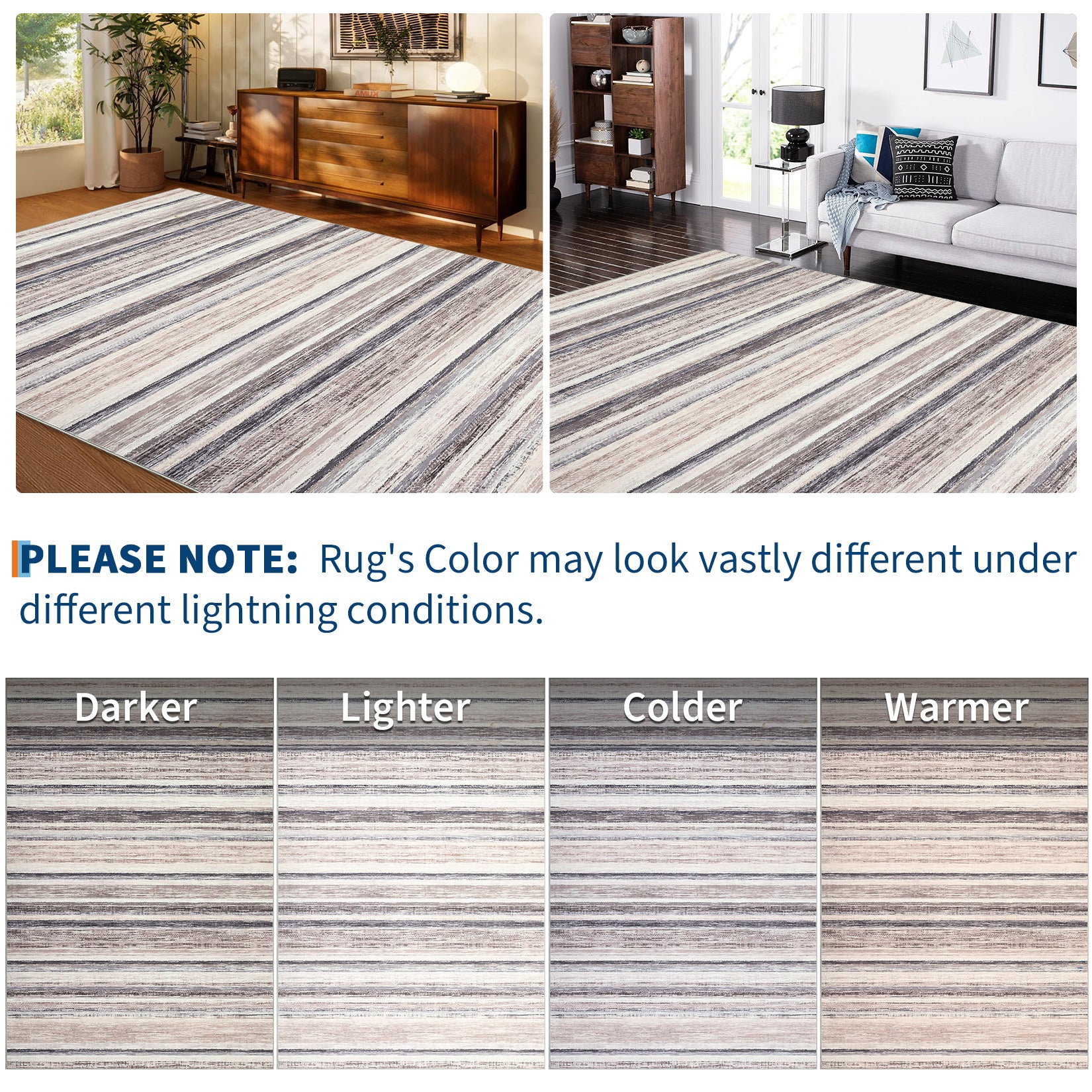 Garvee Washable Area Rug 5x7 Modern Strip Throw Rug with Non-Slip Backing, Stain-Resistant Contemporary Accent Carpet, Soft Low Pile Indoor Mat for Bedroom, Office, Camel