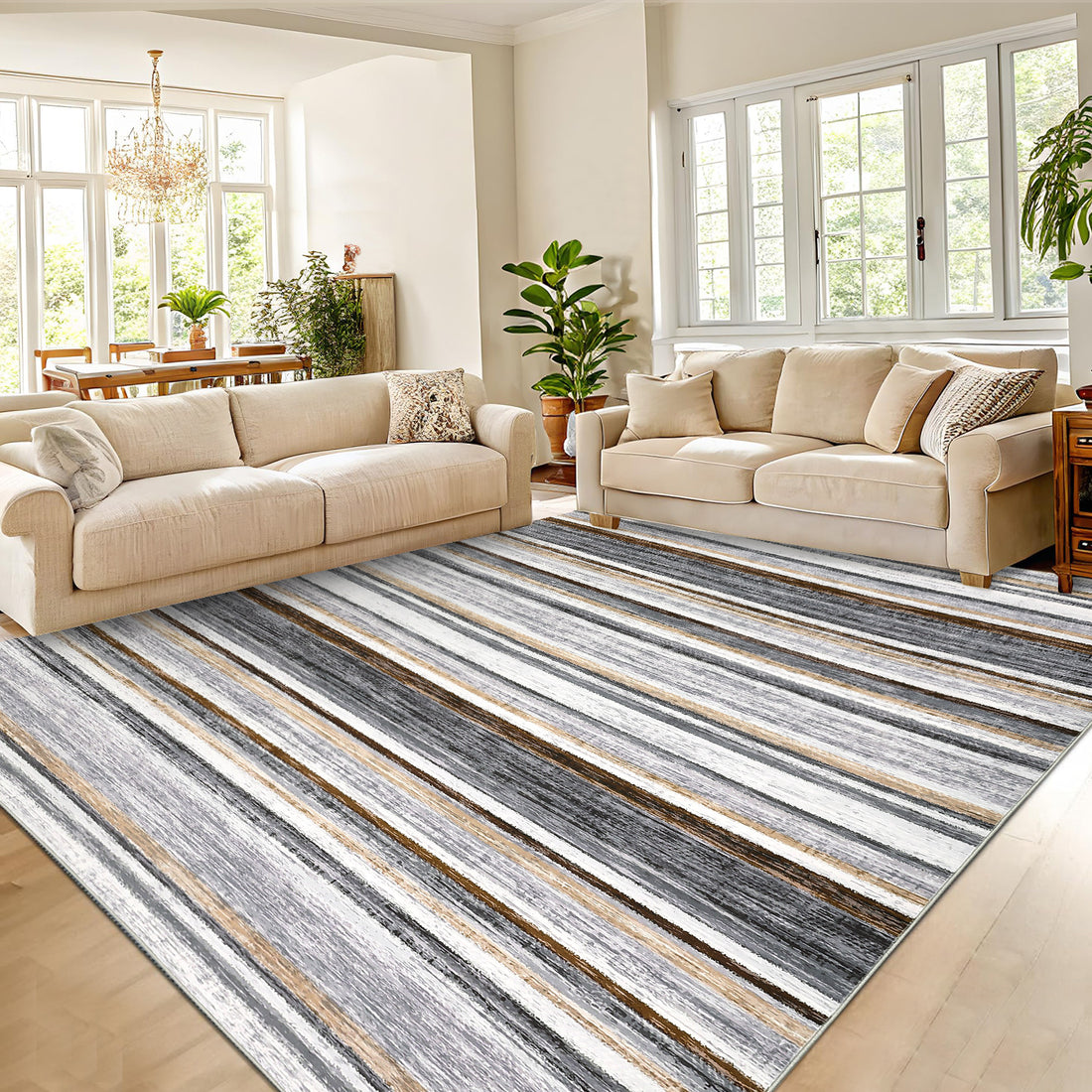 Garvee Large Living Room Rug 10x13 Washable Modern Strip Area Rug with Non-Slip Backing, Stain-Resistant Contemporary Floor Cover, Soft Low Pile Accent Carpet for Bedroom, Grey Brown